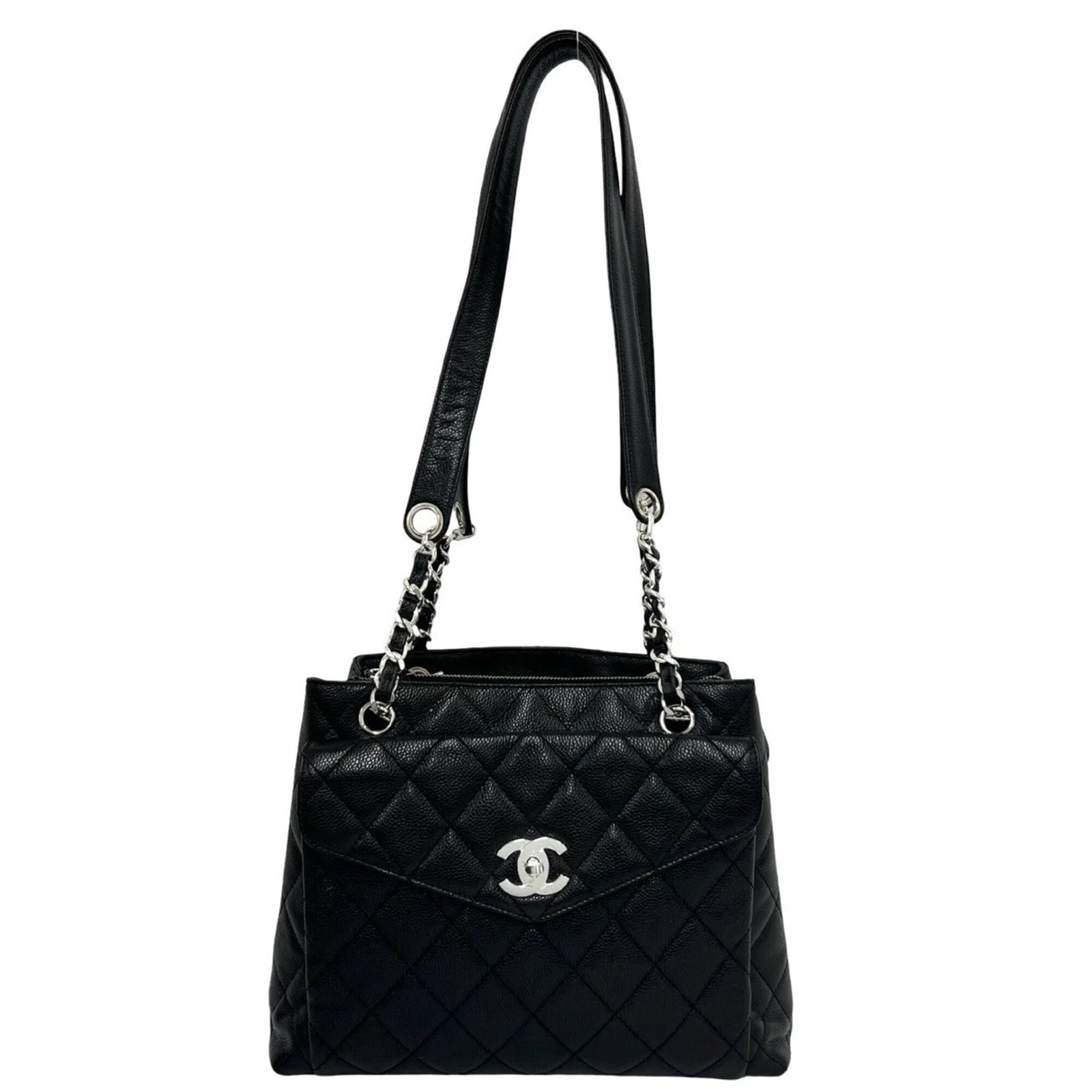 Calfskin Tote Bag Chanel: Calfskin Tote Bag Chanel Calfskin Tote Bag from Chanel, featuring a classic design with a 30cm x 23cm x 9cm size, made from high-quality grained calfskin in black. The bag's sleek and timeless style