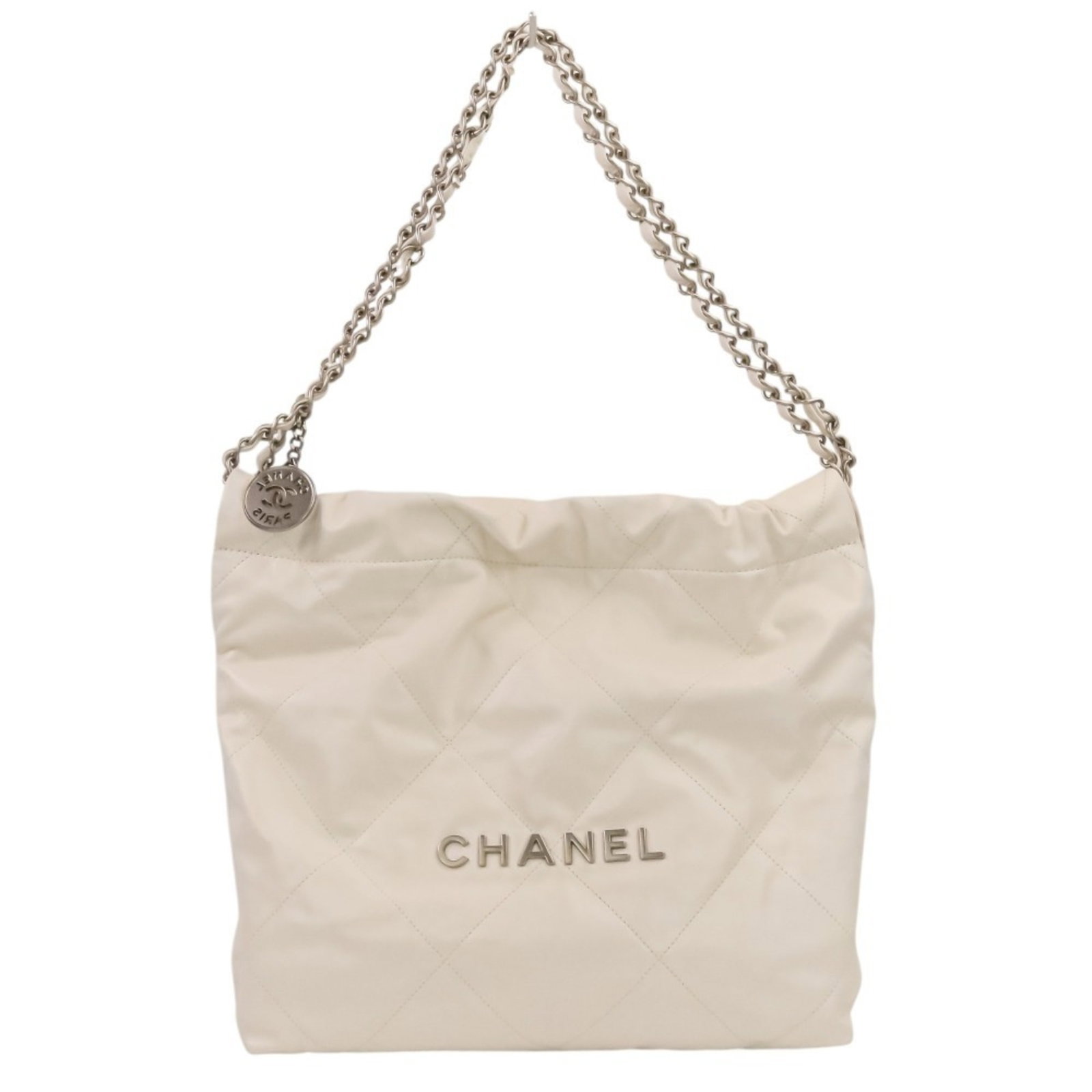 Shoulder Bag Leather Chanel: Shoulder Bag Leather Chanel White leather shoulder bag with silver hardware, measuring 30cm x 37cm x 8cm, features a 59cm long strap. The bag's clean lines and classic design make it a timeless