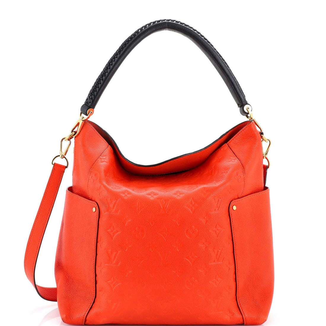 Louis Vuitton Bagatelle Hobo Monogram Empreinte Leather: Louis Vuitton Bagatelle Hobo Monogram Empreinte Leather Orange Louis Vuitton Bagatelle Hobo Monogram Empreinte Leather Hobo Bag with Extra Strap, featuring a vibrant orange exterior and gold hardware.