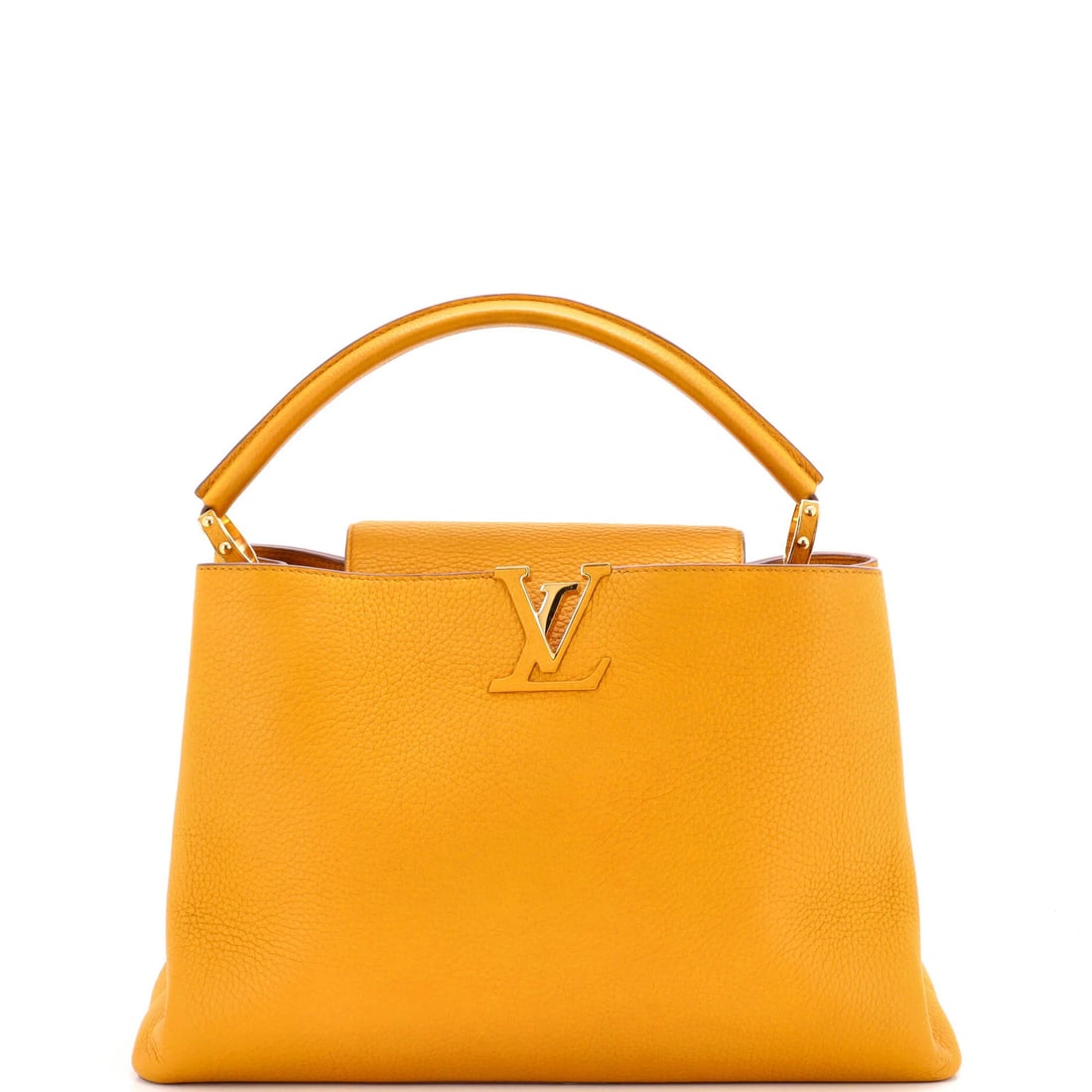 Louis Vuitton Capucines Bag Leather MM: Louis Vuitton Capucines Bag Leather MM Yellow Louis Vuitton Capucines Bag Leather MM, a stylish and functional top handle bag, boasts a classic yellow exterior with a neutral interior. Measuring 9" ta