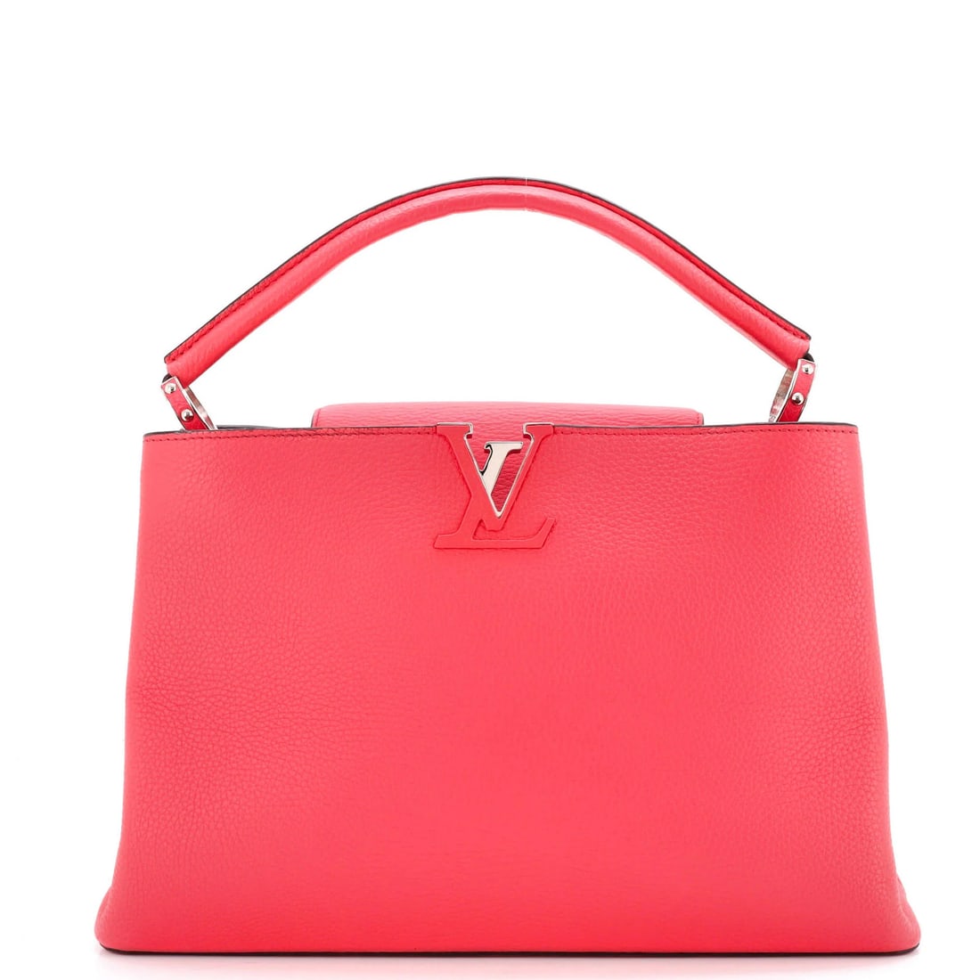 Louis Vuitton Capucines Bag Leather GM: Louis Vuitton Capucines Bag Leather GM Pink Louis Vuitton Capucines Bag Leather GM in good condition, featuring a signature and exterior cracking, corner wear, and minor scuffs. The bag measures 10" t