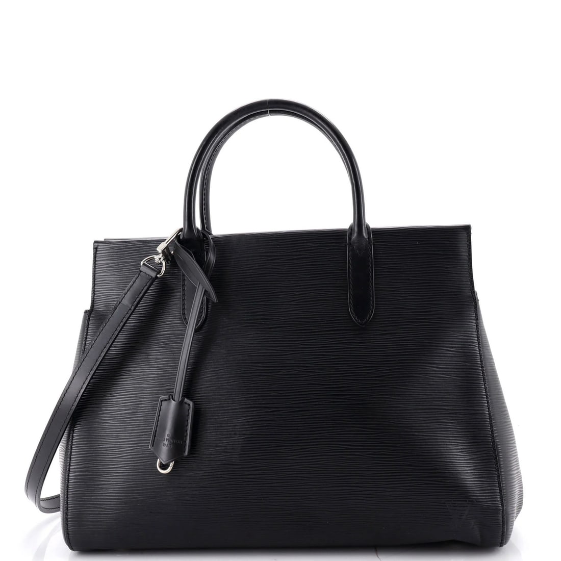Handbag MM Leather Epi Louis Vuitton Marly: Handbag MM Leather Epi Louis Vuitton Marly Black Marly Epi Leather MM Louis Vuitton Handbag with Clochette and Strap. This black leather handbag features the iconic Marly design and Epi leather exteri