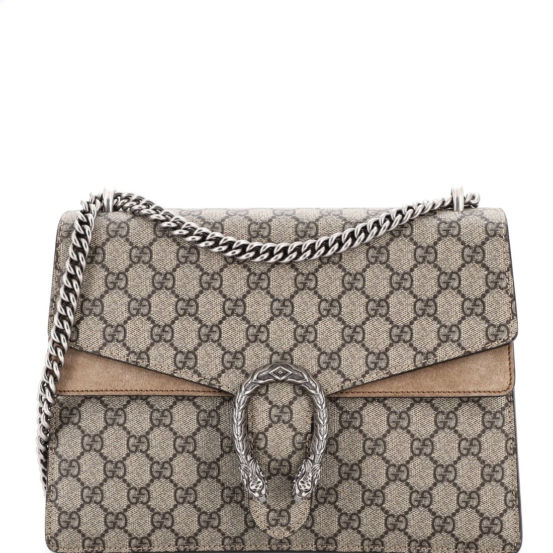 GG Coated Canvas Bag Medium Gucci Dionysus: GG Coated Canvas Bag Medium Gucci Dionysus Medium Gucci Dionysus Bag in Brown GG Coated Canvas, featuring a classic shoulder design with an 8" handle and 15" strap drop, and adorned with aged silver