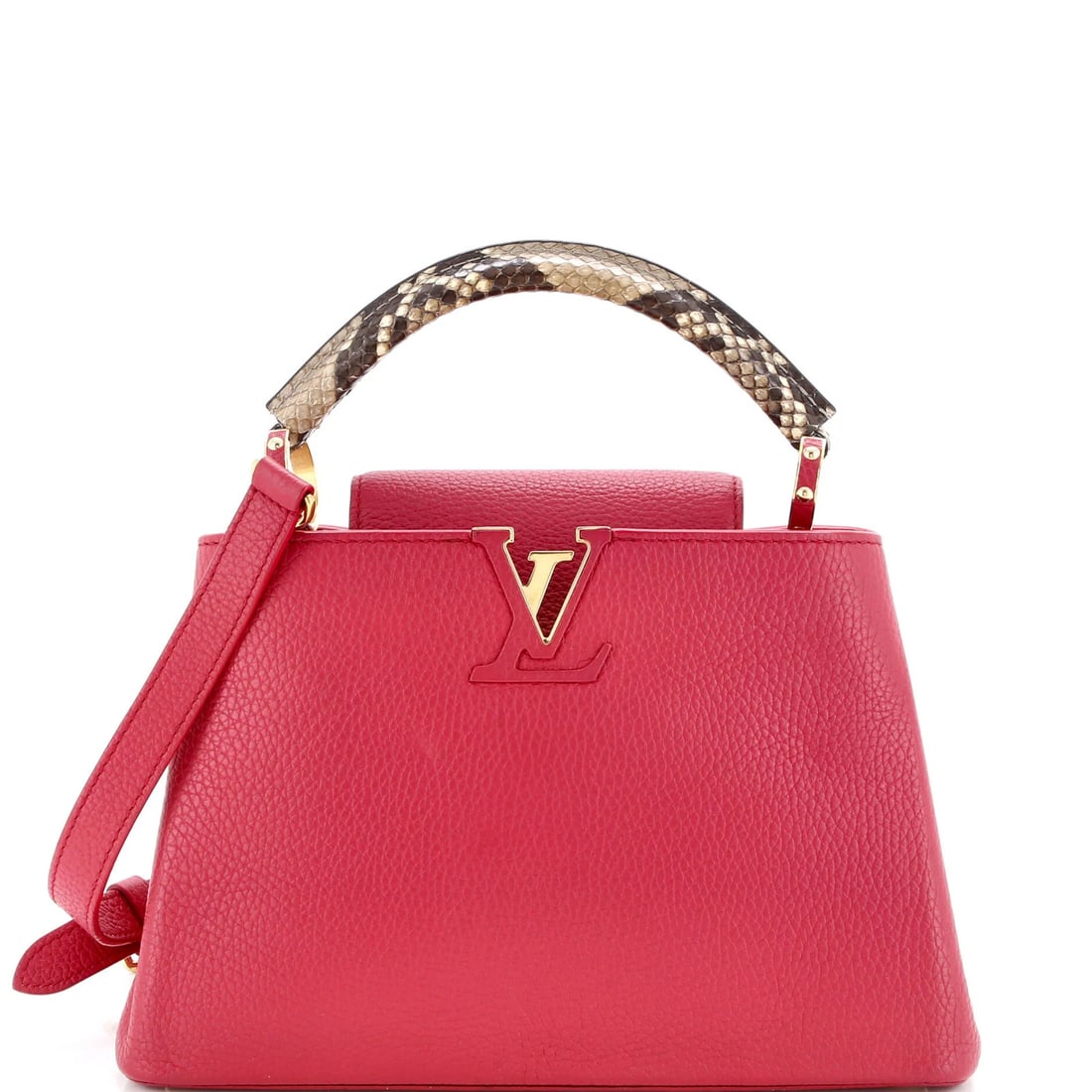Louis Vuitton Capucines Bag Leather with Snakeskin BB: Louis Vuitton Capucines Bag Leather with Snakeskin BB Snakeskin leather wraps around the Capucines bag in a striking pink hue, adding a touch of elegance to this classic Louis Vuitton design. The bag'