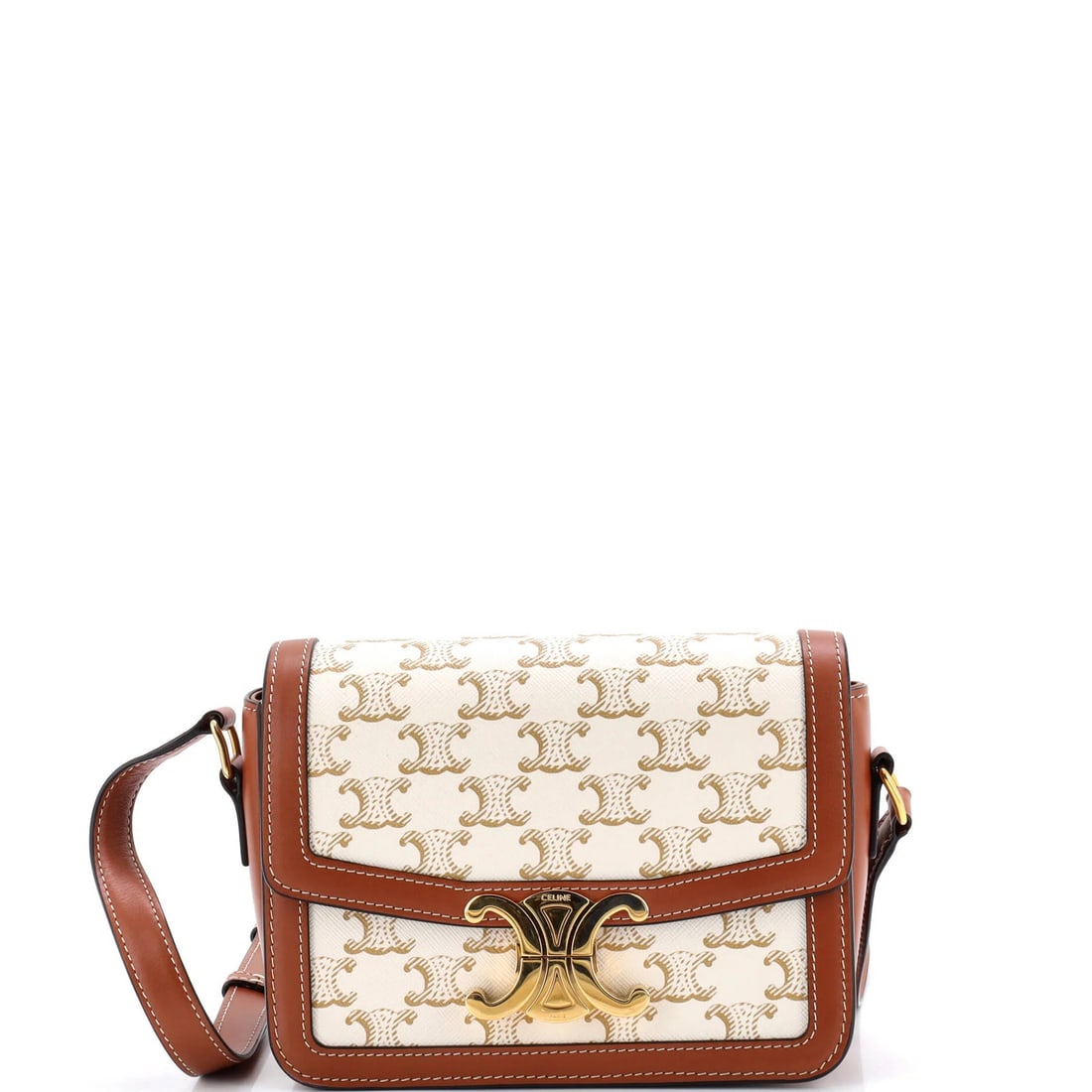 Shoulder bag coated canvas teen Celine Triomphe: Shoulder bag coated canvas teen Celine Triomphe Canvas Coated Celine Triomphe Shoulder Bag in Neutral. This teen-sized Triomphe shoulder bag boasts a chic, neutral exterior with minor scuffs and wear,