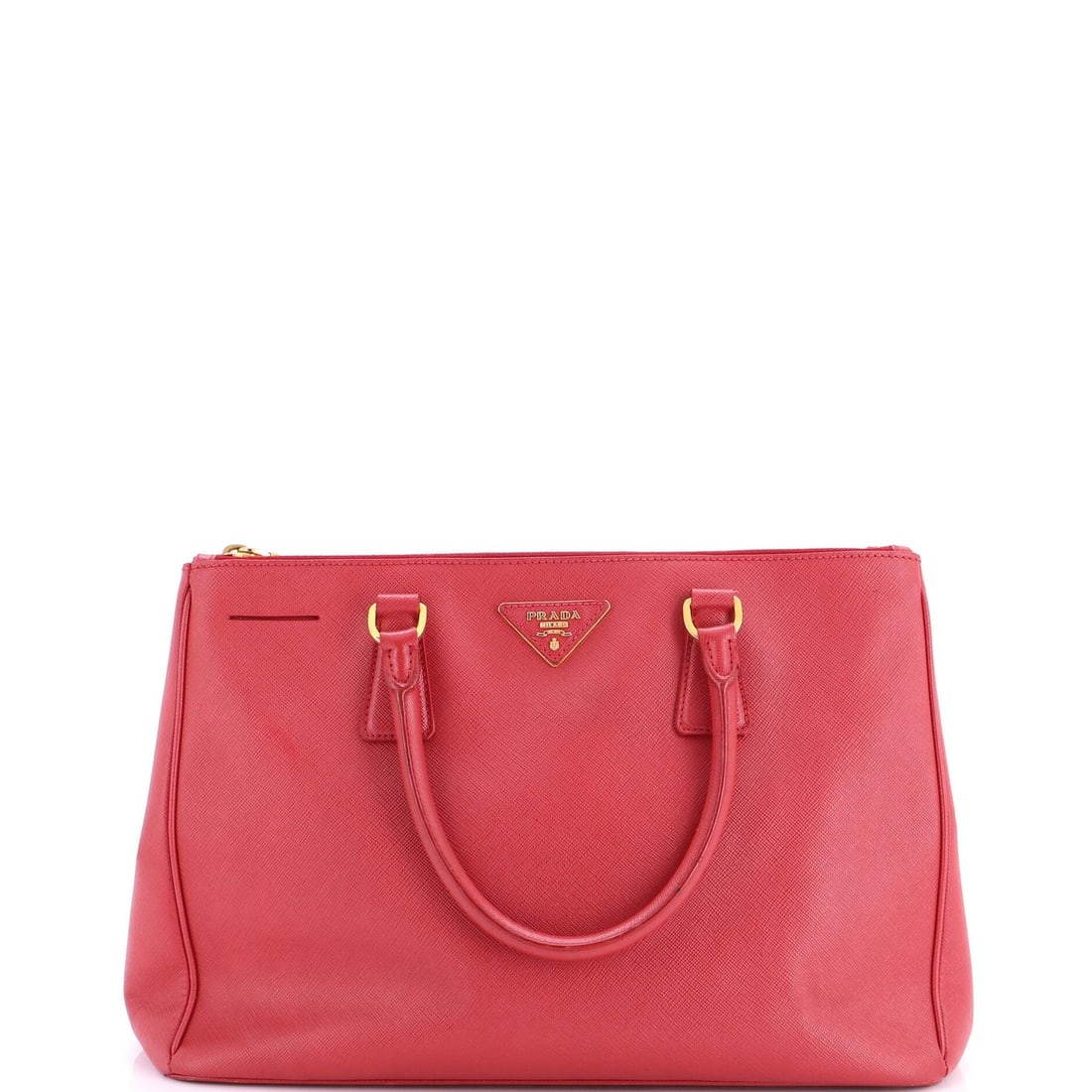 Open Tote Lux Leather Saffiano North South Prada: Open Tote Lux Leather Saffiano North South Prada Red Lux Open Tote with Saffiano Leather exterior, featuring a classic North South design and gold hardware. This Prada tote boasts a unique, open