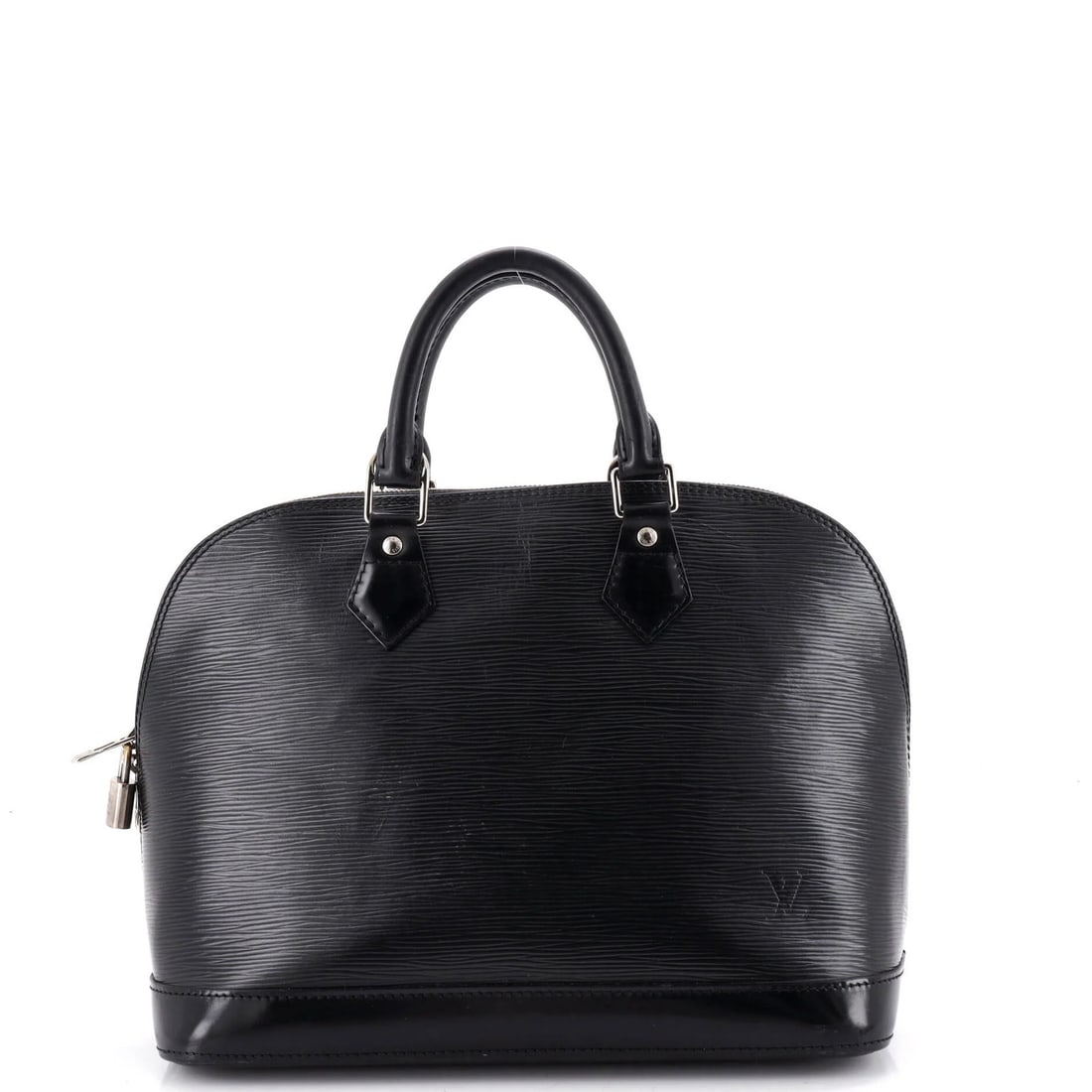 Vuitton Louis Alma Leather Epi Handbag: Vuitton Louis Alma Leather Epi Handbag Black Louis Vuitton Alma Leather Epi Handbag with heavy scuffs throughout, heavy edge wear, stains, and corner wear, measuring 11.5" wide and 9" tall, featuring 