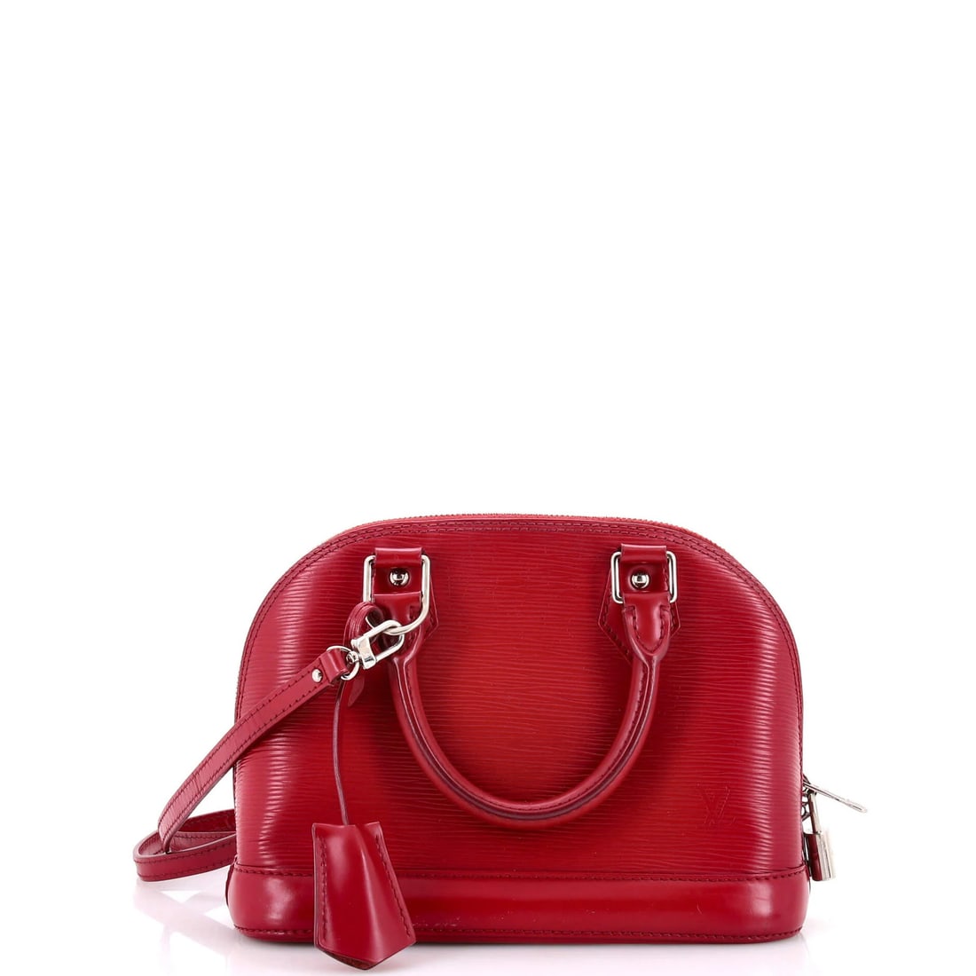 Vuitton Alma Handbag Epi Leather BB: Vuitton Alma Handbag Epi Leather BB Burgundy Vuitton Alma Handbag Epi Leather BB features top handle, scuffed exterior, and repainted minor creases. The bag measures 7" tall, 9.5" wide, and 4.5" deep,