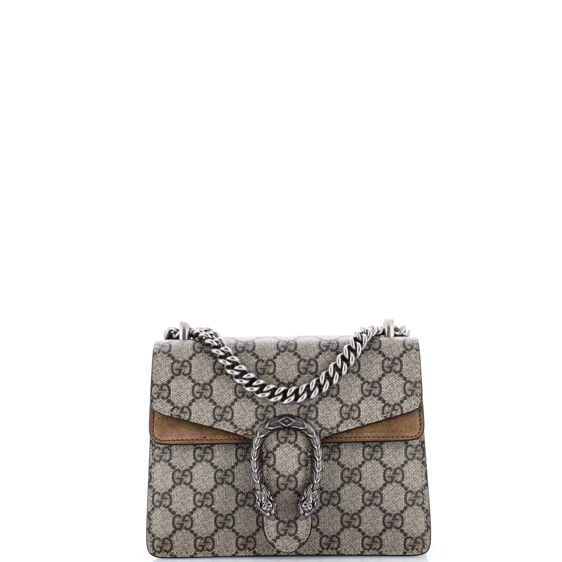 Gucci Coated Canvas Bag GG Dionysus Mini: Gucci Coated Canvas Bag GG Dionysus Mini The Gucci Coated Canvas Bag GG Dionysus Mini boasts a stylish brown exterior with a canvas coated finish, complemented by suede interior and aged silver hardwa