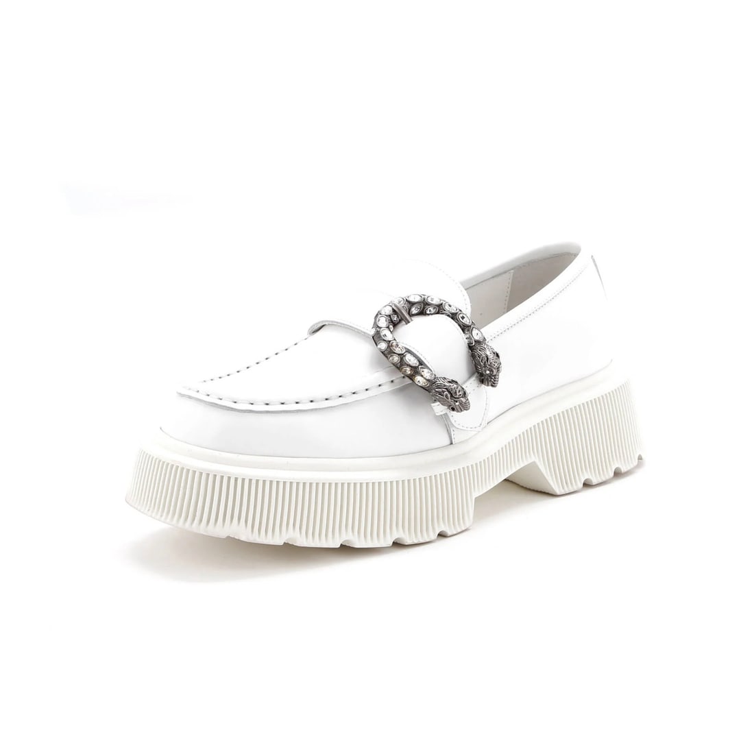Women's Dionysus Platform Loafers Leather Gucci: Women's Dionysus Platform Loafers Leather Gucci Crystal and leather come together in the sleek design of the Women's Dionysus Platform Loafers from Gucci, featuring a white upper and silver hardware. 