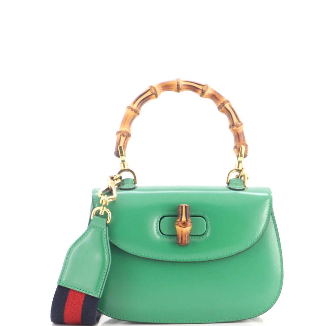 Bamboo Bag Handle 1947 Gucci Leather Small Top: Bamboo Bag Handle 1947 Gucci Leather Small Top Small 1947 Gucci Leather Top Handle Bag with Bamboo Bag Handle, featuring a striking green exterior and neutral canvas interior, and adorned with gold ha