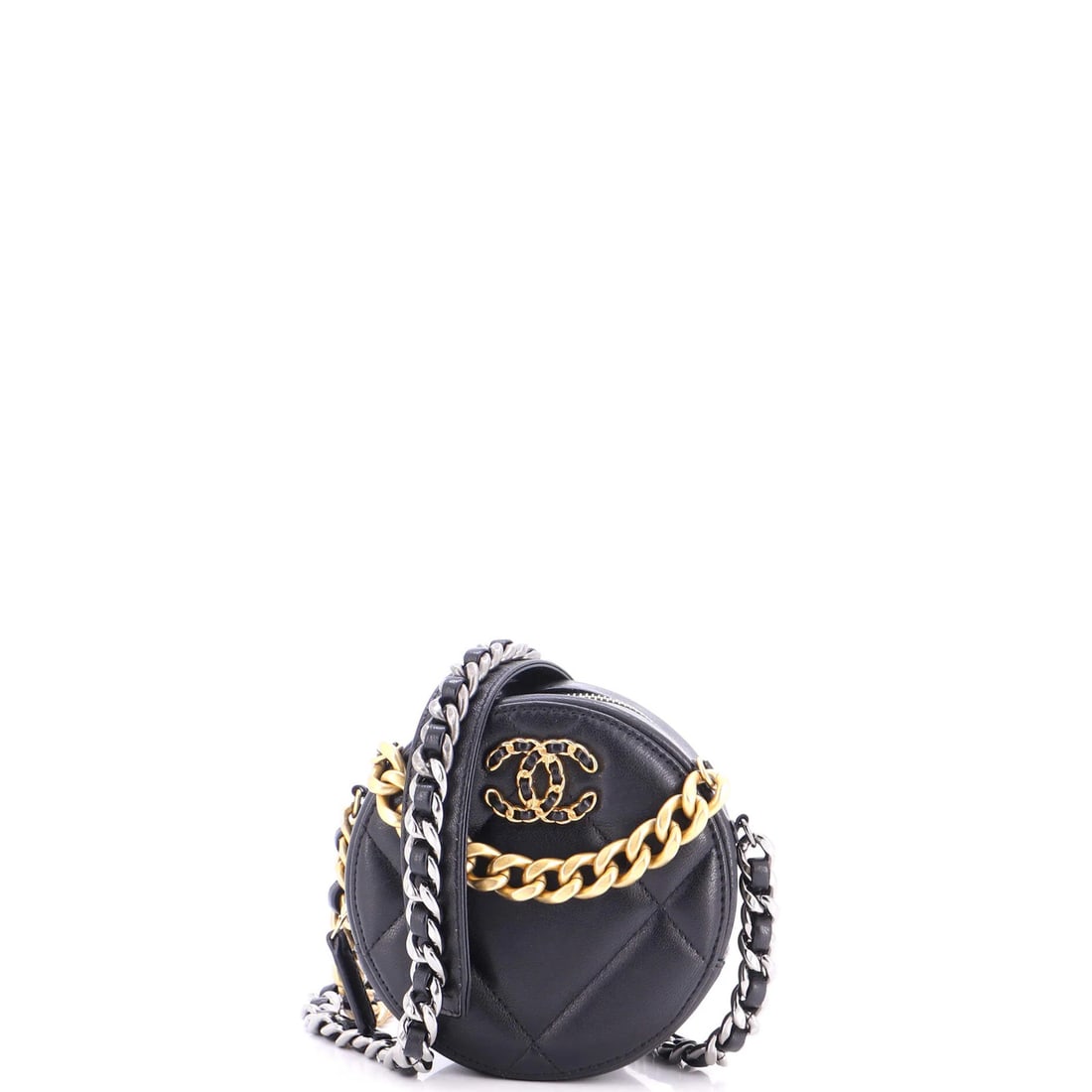 Round Clutch Quilted Leather with Chain 19 Chanel: Round Clutch Quilted Leather with Chain 19 Chanel The 19 Round Clutch with Chain Quilted Leather exterior is a sleek and sophisticated design, featuring a classic Chanel style with a modern twist.