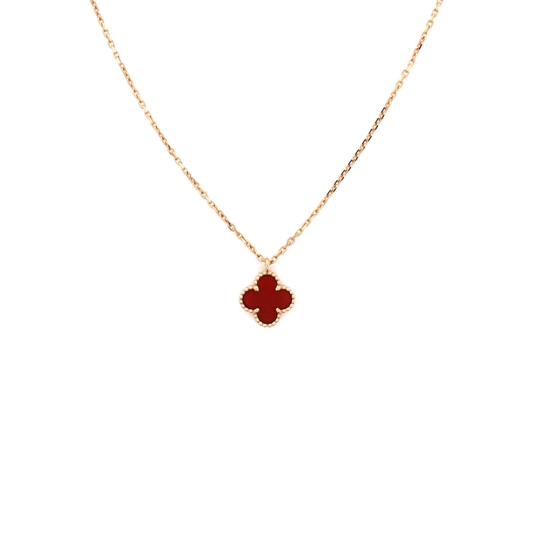 Carnelian Necklace Rose Gold Pendant Alhambra Sweet Van Cleef & Arpels: Carnelian Necklace Rose Gold Pendant Alhambra Sweet Van Cleef & Arpels 18K Rose Gold Sweet Alhambra Pendant Necklace with Carnelian Stone, featuring a delicate 11.75mm pendant and 15.25-16.0" chain, s