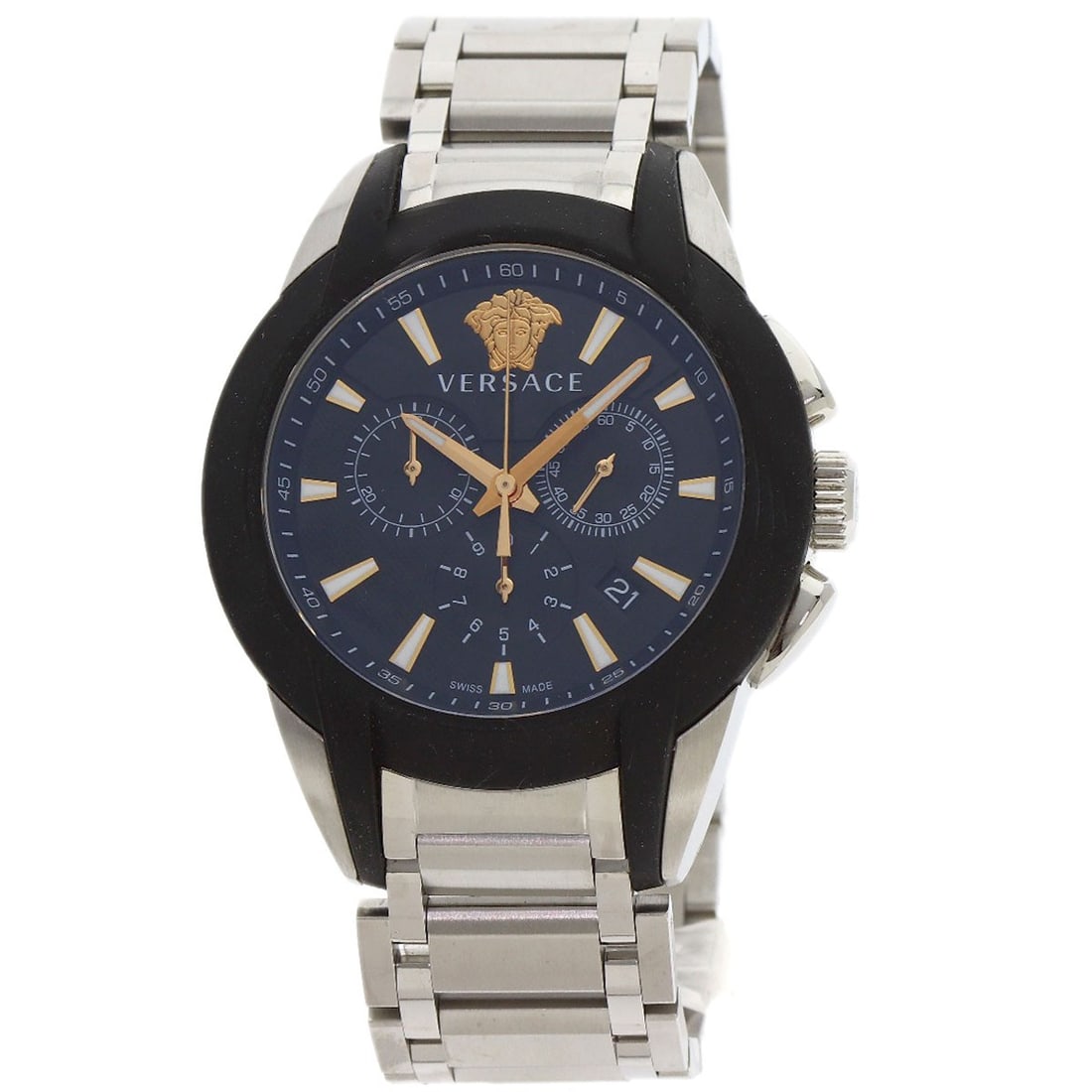 Versace Medusa Chronograph Watches Vem8 Stainless Steel/ Stainless Steel: Versace Medusa Chronograph Watches Vem8 Stainless Steel/ Stainless Steel Stainless steel case with a silver bezel and black dial, this Versace Medusa Chronograph watch features a quartz movement and