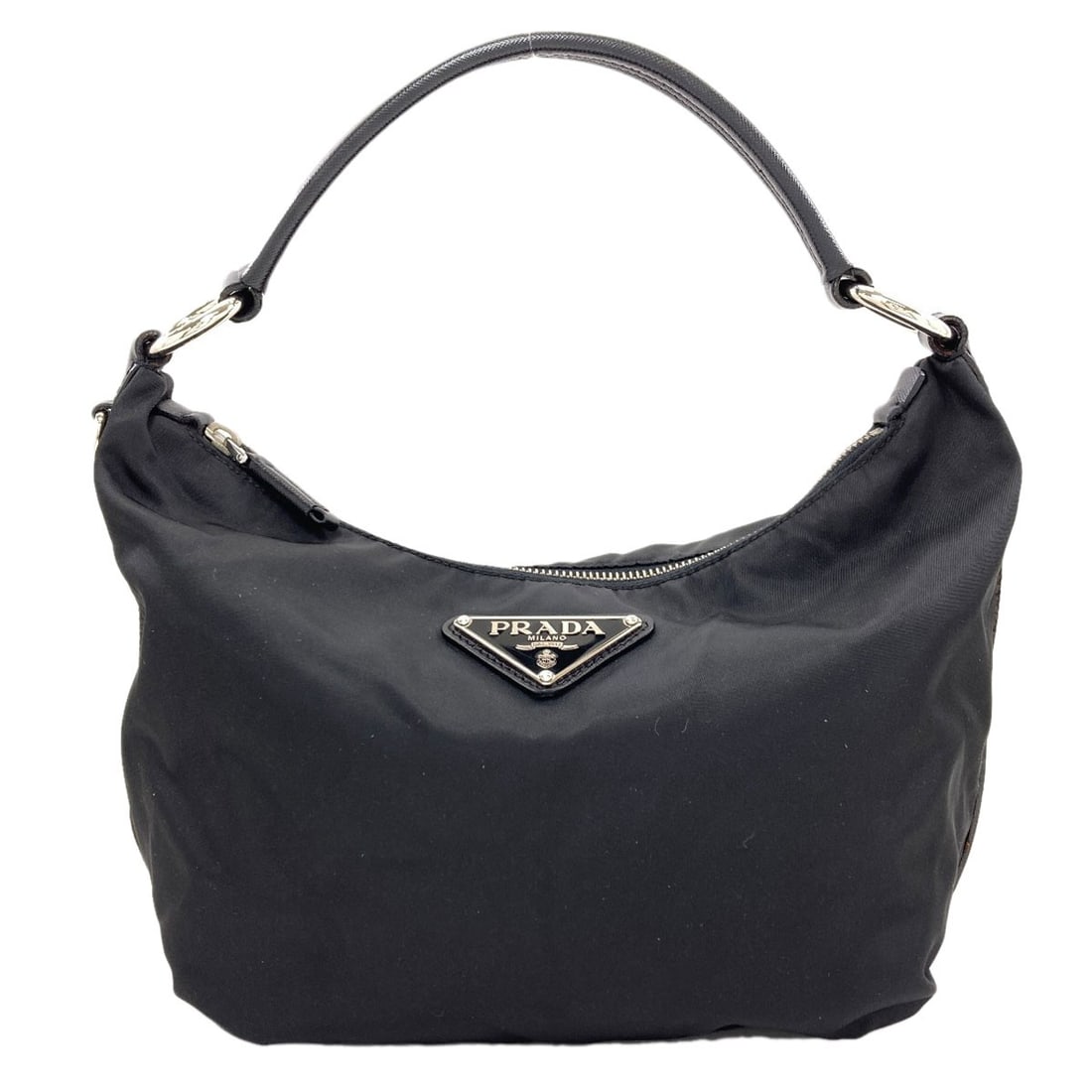 Nylon Hobo Bag Logo Hardware Shoulder One Prada: Nylon Hobo Bag Logo Hardware Shoulder One Prada Nylon Hobo Bag with Logo Hardware and Shoulder Strap, Black. This PRADA shoulder bag features a sleek black nylon exterior, a 6.7 inch height, and a 4.3