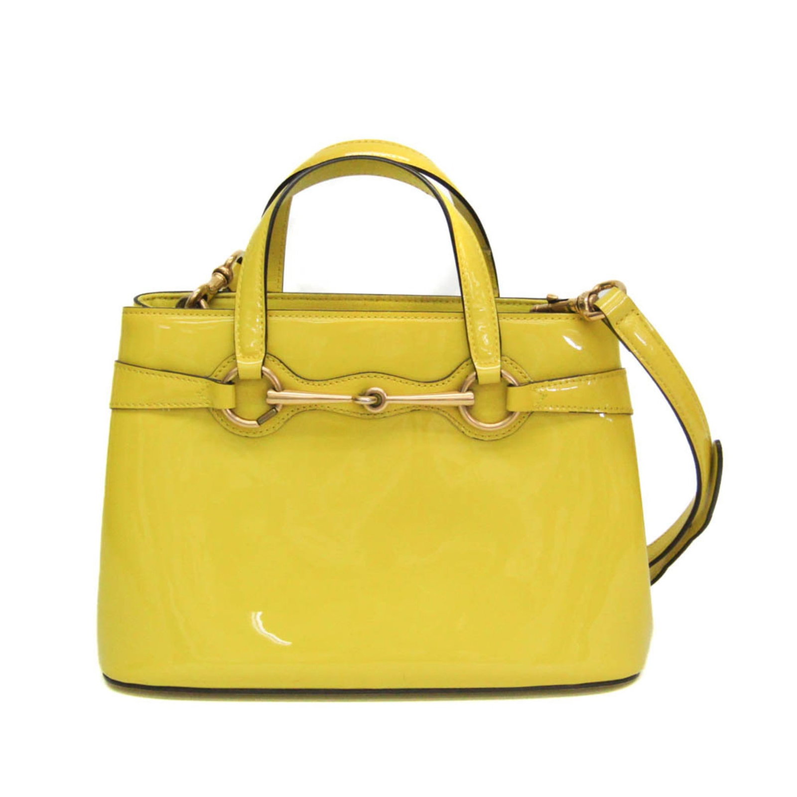 Gucci Handbag Shoulder Bag Patent Leather: Gucci Handbag Shoulder Bag Patent Leather Patent leather Gucci shoulder bag with a classic Horsebit design, featuring an open front and multiple pockets for organization. The bright yellow color adds 
