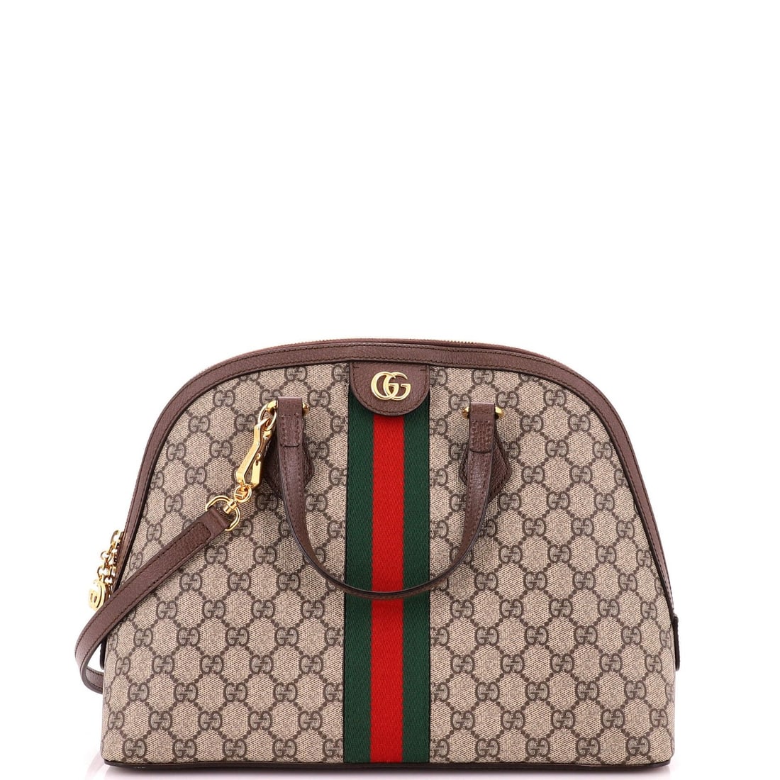 Ophidia Dome Top Bag Medium GG Coated Canvas Gucci: Ophidia Dome Top Bag Medium GG Coated Canvas Gucci Medium Gucci Ophidia Dome Top Bag in Brown GG Coated Canvas, featuring a classic top handle design with a 4" drop. The bag's exterior shows signs of