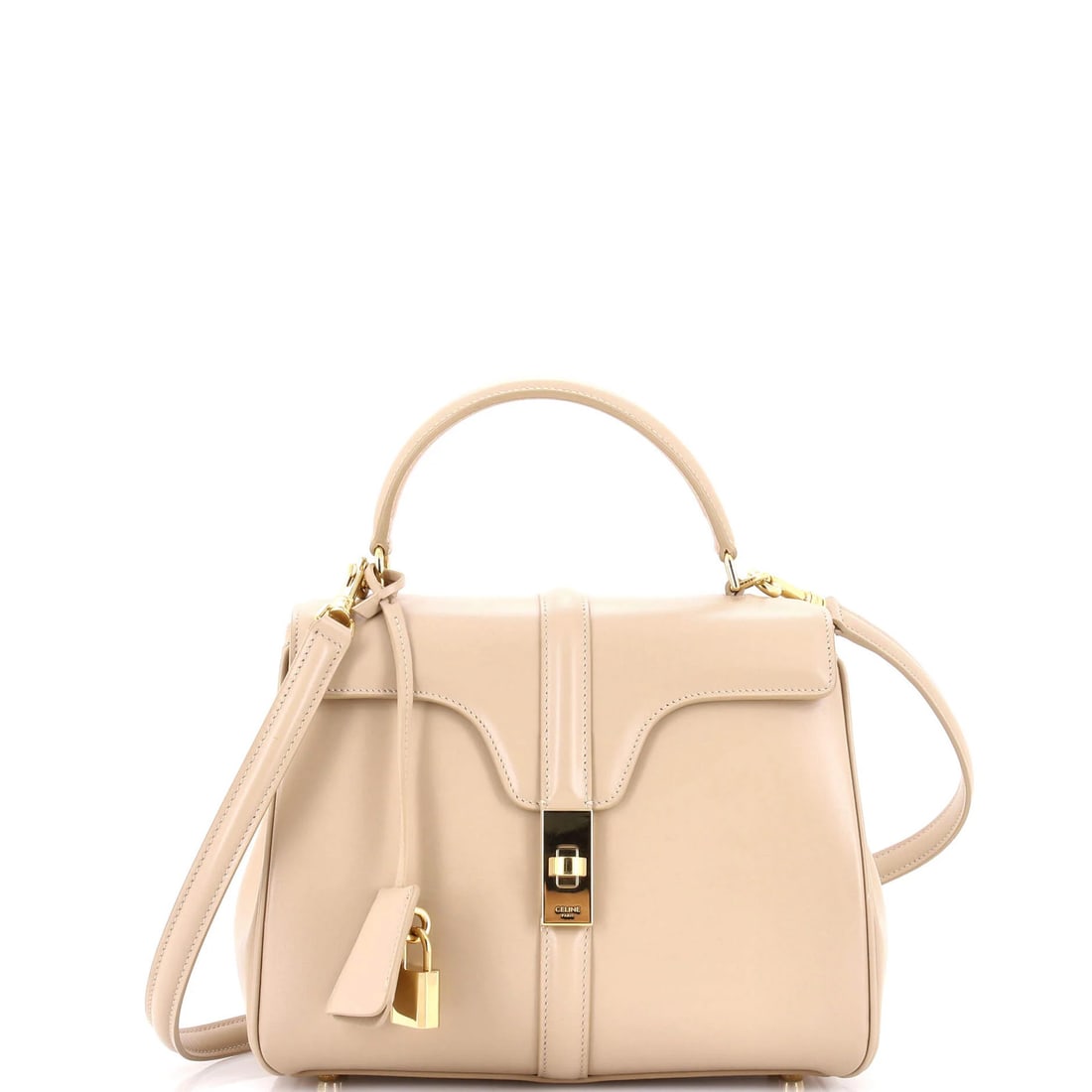 Calfskin Handle Top Bag Small Celine 16: Calfskin Handle Top Bag Small Celine 16 Small Calfskin Handle Top Bag from Celine, featuring a neutral exterior with smooth leather and gold hardware. The bag boasts a classic top handle design and