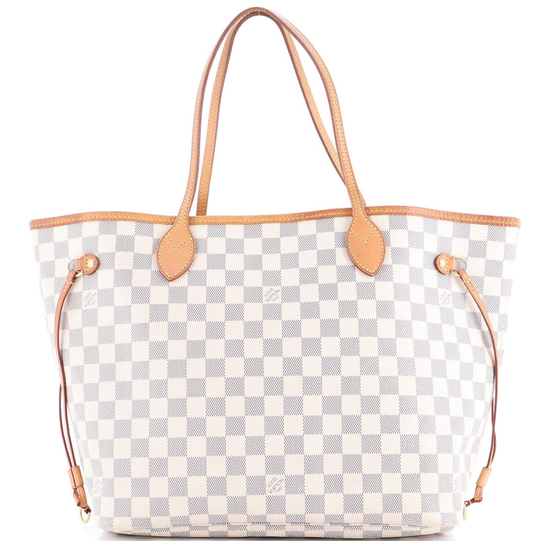Louis Vuitton Neverfull Damier MM: Louis Vuitton Neverfull Damier MM White Louis Vuitton Neverfull Damier MM tote in fair condition, featuring a classic canvas-coated design with gold hardware and signature Damier print. Measuring 11"
