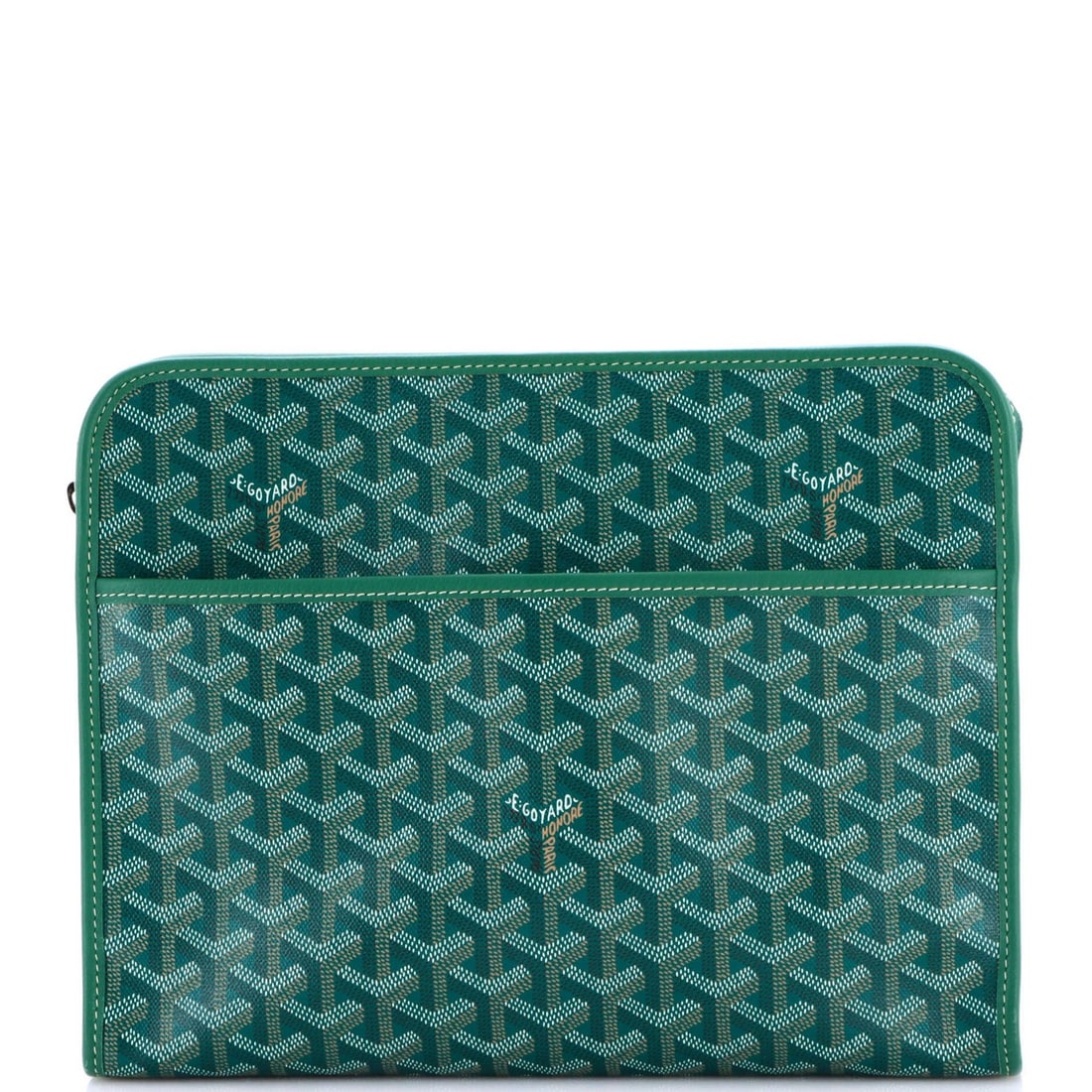 GM Goyard Toiletry Pouch Canvas Coated: GM Goyard Toiletry Pouch Canvas Coated Canvas Coated Goyard Toiletry Pouch in Green. This GM Jouvence Toiletry Pouch features a canvas coated exterior in a vibrant green color, with a yellow interior