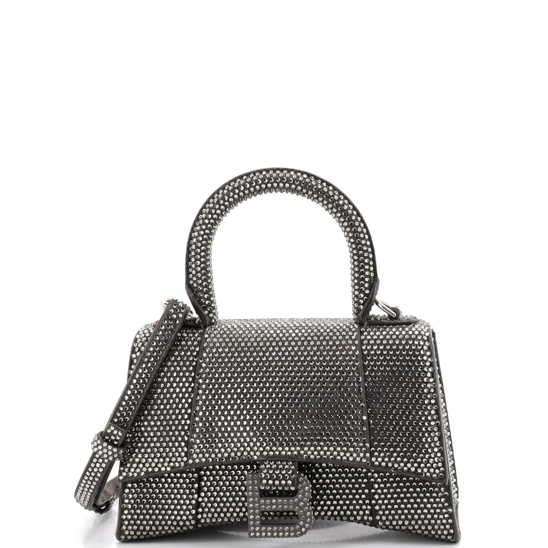 Balenciaga Hourglass Top Handle Bag Suede with Crystals XS: Balenciaga Hourglass Top Handle Bag Suede with Crystals XS Crystal-embellished suede exterior, a striking feature of this Balenciaga Hourglass Top Handle Bag, adds a touch of luxury to everyday style.
