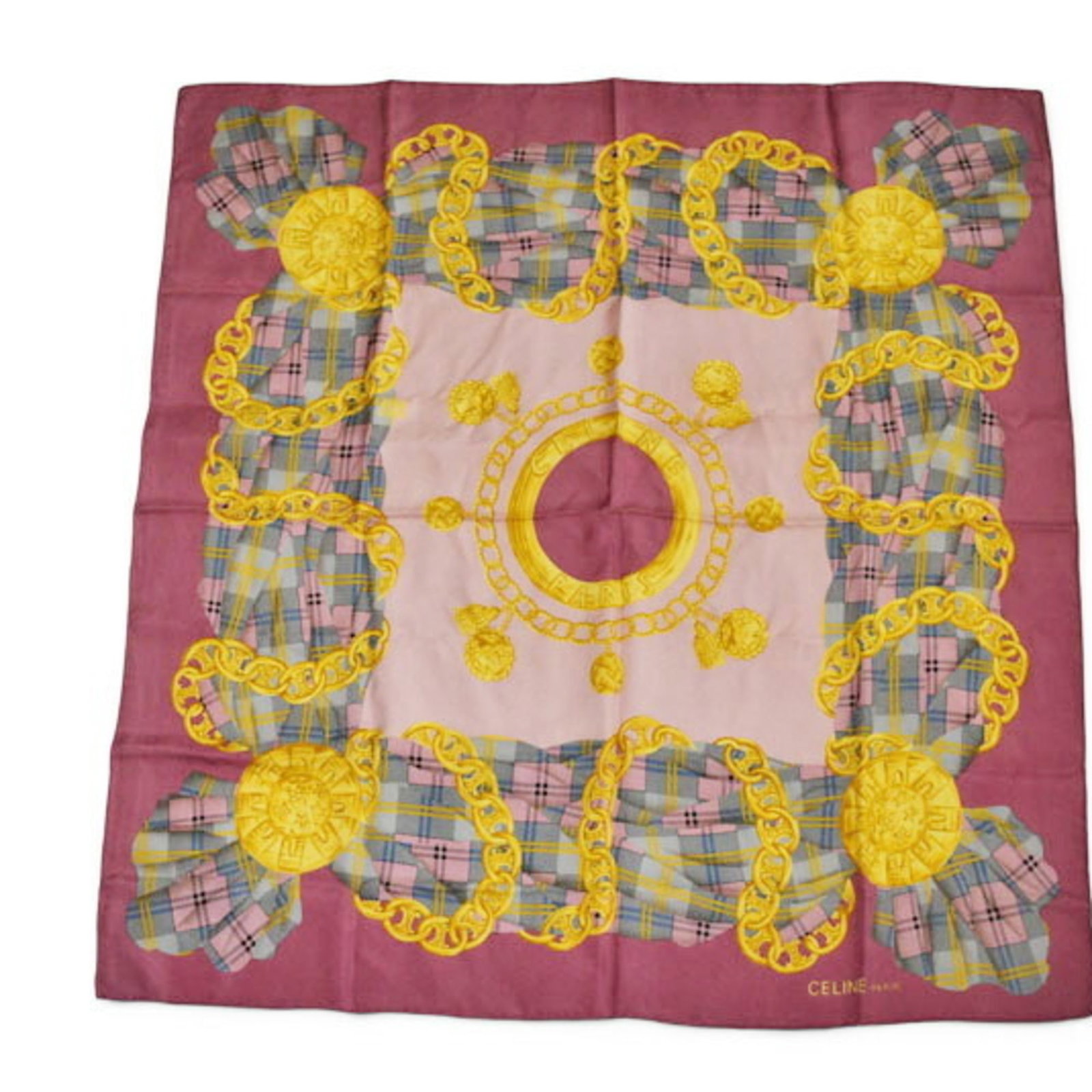Silk Celine Scarf: Silk Celine Scarf Square silk scarf from Celine, made in Italy, features a vibrant pink color and measures 88cm x 88cm. The scarf is made from high-quality silk, a classic and timeless material. Its e