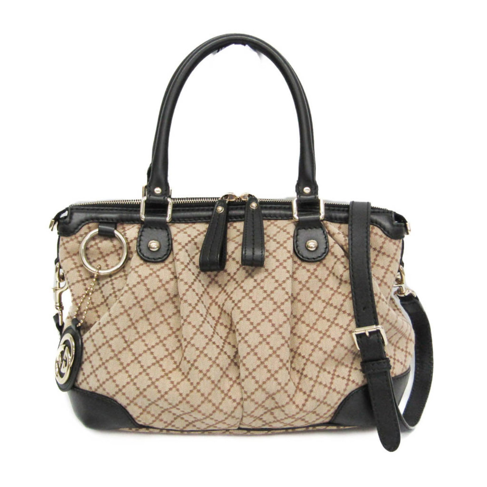 Canvas Leather Handbag Gucci Shoulder: Canvas Leather Handbag Gucci Shoulder Canvas Leather Gucci Shoulder Bag in Beige and Black Features a Diamante 247902 Model with Adjustable Strap and Zipper Closure, Plus Two Zipper Pockets for Organi
