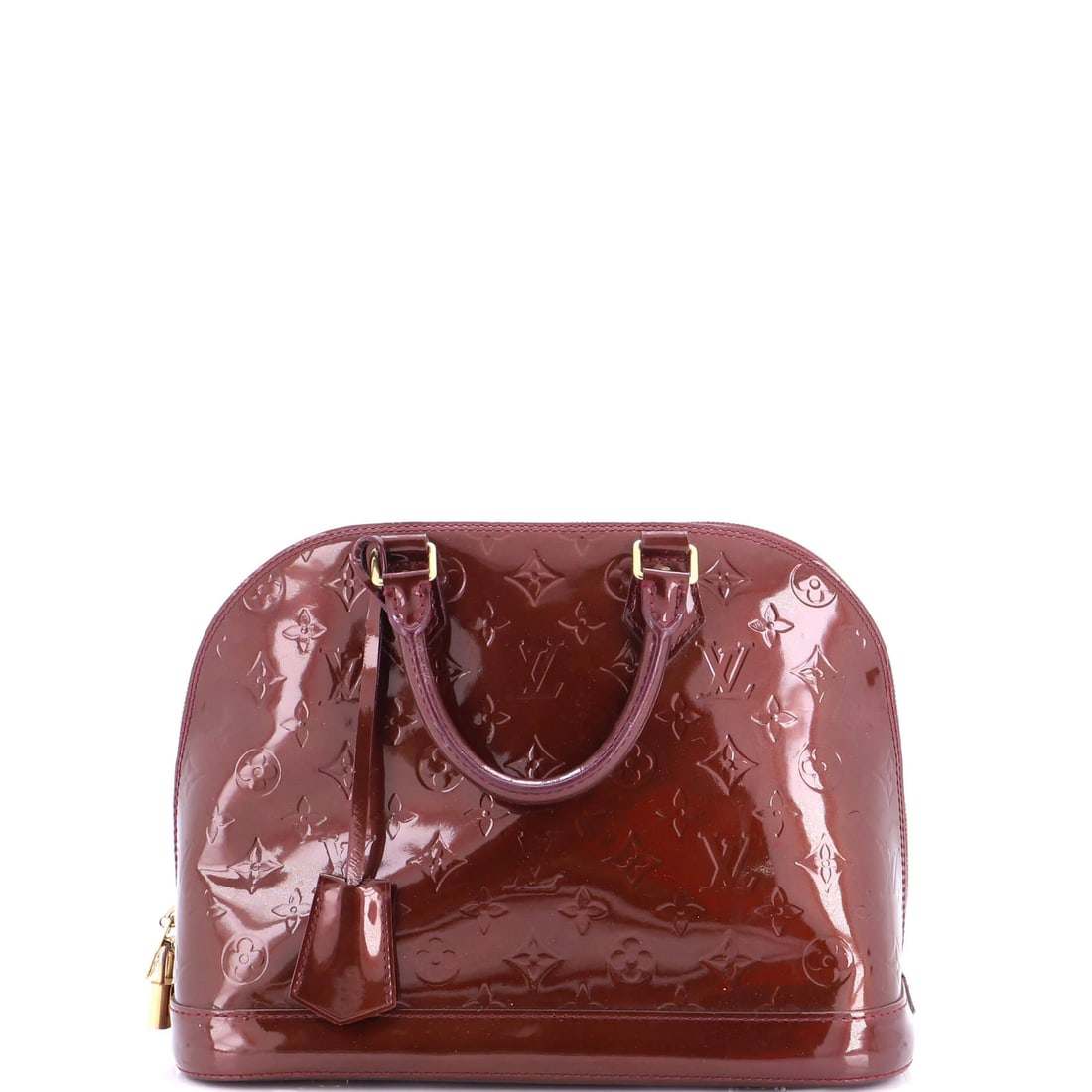 Louis Vuitton Alma Monogram Vernis Handbag PM: Louis Vuitton Alma Monogram Vernis Handbag PM Patent Leather exterior with a rich brown Monogram Vernis finish, this Louis Vuitton Alma handbag boasts a timeless design. Measuring 9" in height and 12"