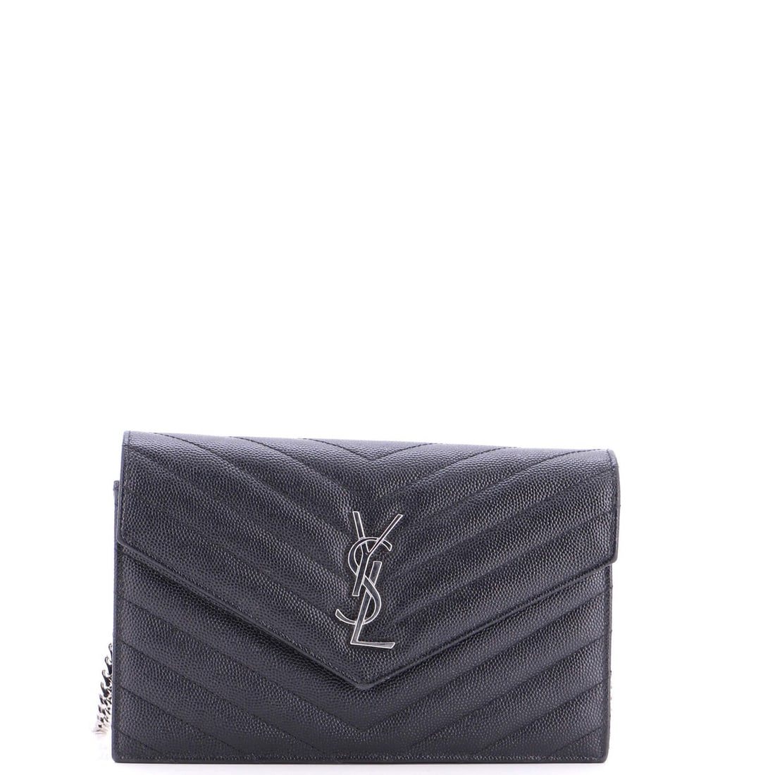 Classic Monogram Wallet on Chain Small Saint Leather Matelasse Chevron: Classic Monogram Wallet on Chain Small Saint Leather Matelasse Chevron Small Saint Laurent Classic Monogram Wallet on Chain Matelasse Chevron features a sleek black leather exterior with a silver