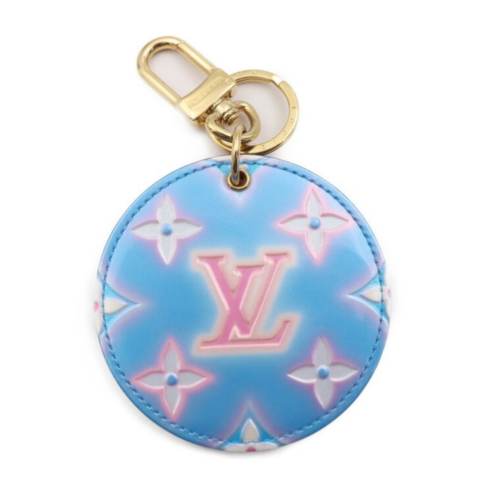 Keyring Monogram Vernis Vuitton Louis: Keyring Monogram Vernis Vuitton Louis Monogram Vernis Vuitton Louis Keyring: A stylish accessory featuring the iconic Louis Vuitton monogram pattern in blue and pink hues, crafted from high-quality Mo
