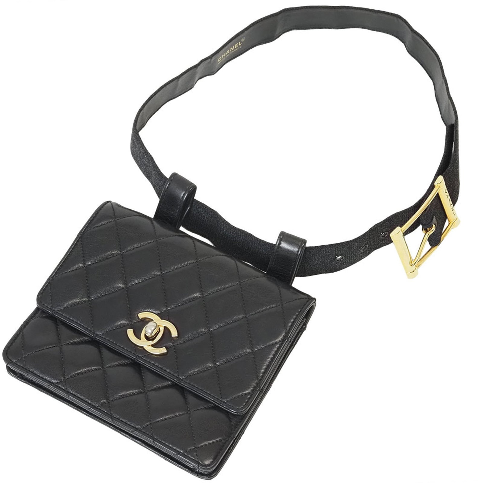 Leather Fanny Pack Chanel: Leather Fanny Pack Chanel Leather Fanny Pack in Black from Chanel, made from lambskin, features a turn lock closure and measures 13cm x 15.5cm x 3cm. Includes a dust bag for storage. A stylish