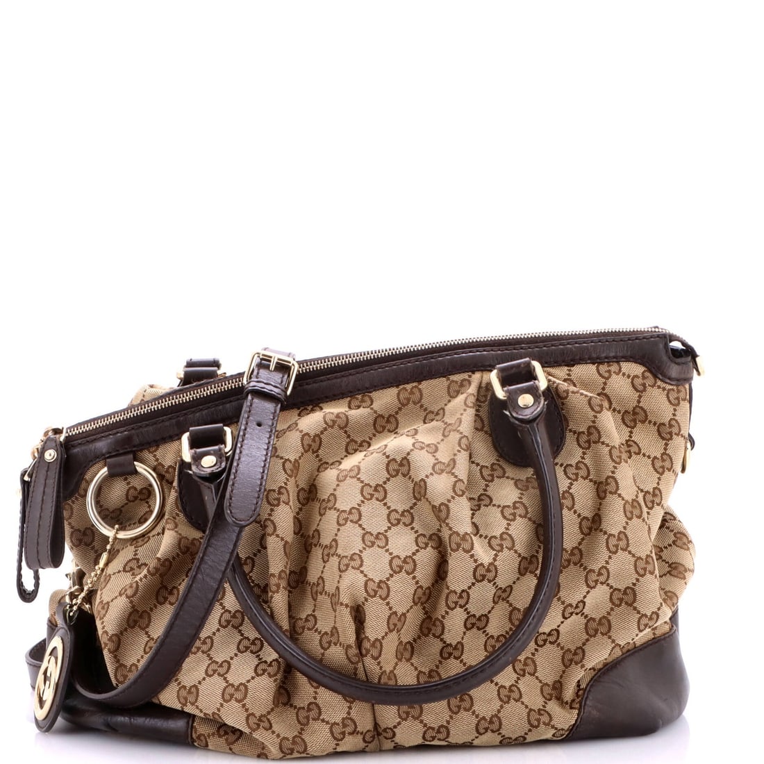 Gucci Satchel Top Handle Medium Canvas GG Leather: Gucci Satchel Top Handle Medium Canvas GG Leather Gucci Satchel Top Handle Medium Canvas GG Leather features a classic design with a medium canvas GG leather exterior in brown, a gold tone hardware,