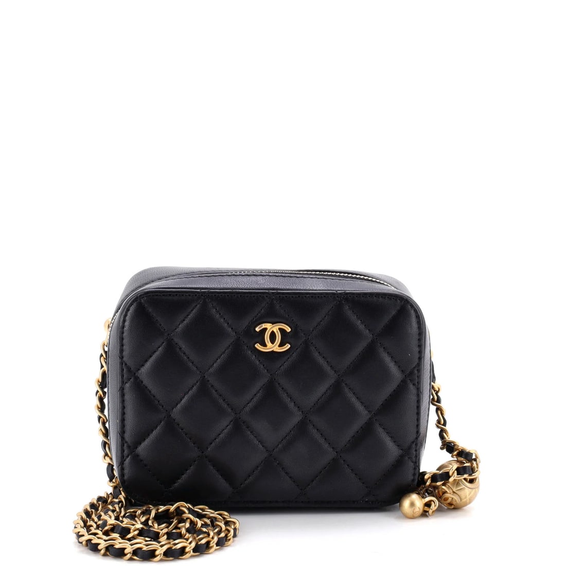 Zip around Pearl Crush Vanity Case with Chain Lambskin Quilted Chanel Mini: Zip around Pearl Crush Vanity Case with Chain Lambskin Quilted Chanel Mini Zip around Pearl Crush Vanity Case with Chain Lambskin Quilted Chanel Mini is a stylish and functional accessory. This black