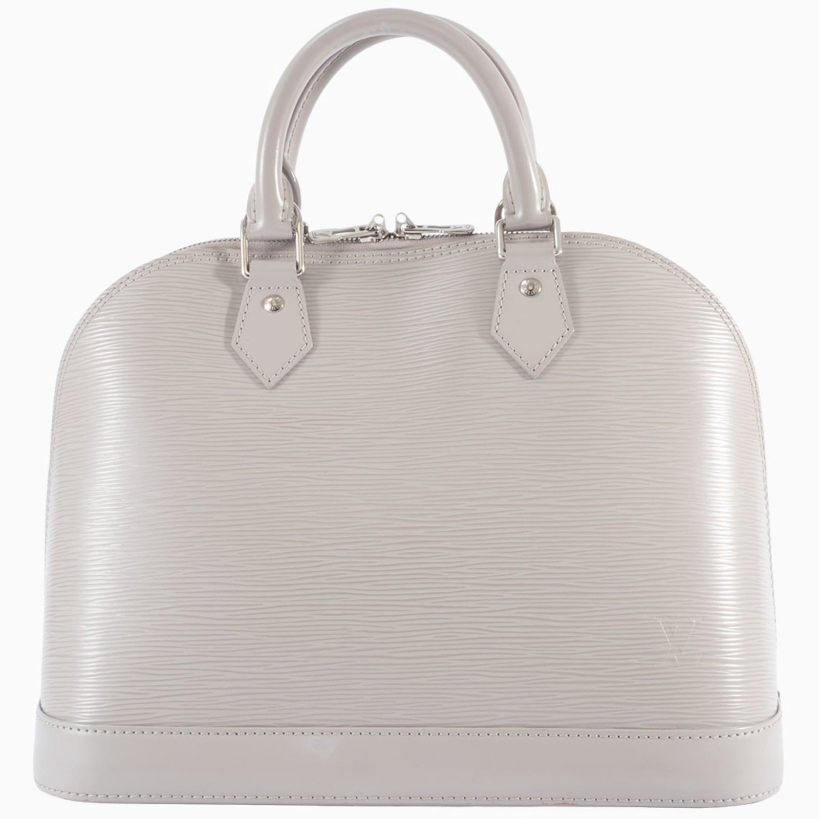 Epi Leather Louis Vuitton Handbag: Epi Leather Louis Vuitton Handbag Gray Epi leather Louis Vuitton handbag with a clochette, key, and padlock, measuring 23.5cm x 31cm x 15cm, features a classic design with a signature. The bag's Epi