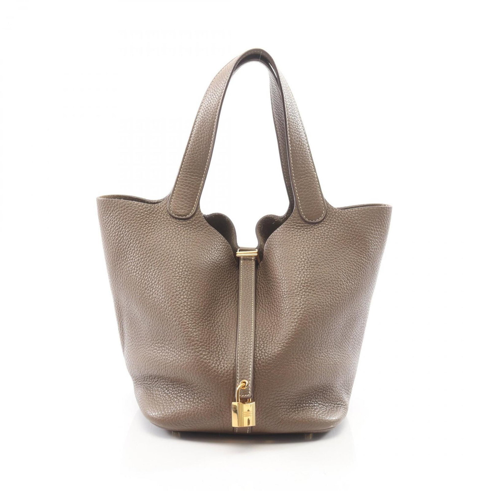 Clemence Leather Handbag Taurillon Hermes: Clemence Leather Handbag Taurillon Hermes Taurillon clemence leather handbag from Hermes, featuring a timeless etoupe gray color, measures 21cm x 22cm x 17cm. This elegant handbag boasts a classic