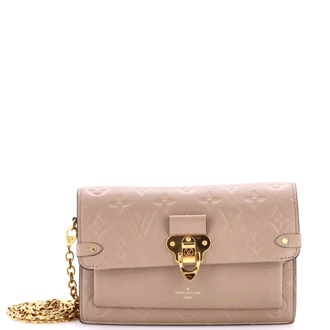 Vuitton Louis Chain Wallet Monogram Leather Empreinte Vavin NM: Vuitton Louis Chain Wallet Monogram Leather Empreinte Vavin NM The Louis Vuitton Vavin Chain Wallet Monogram Leather Empreinte features a neutral exterior with minor scuffs and creases, and a gold
