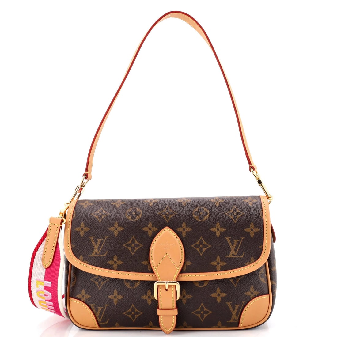 Louis Vuitton Diane Handbag Monogram Canvas NM: Louis Vuitton Diane Handbag Monogram Canvas NM Brown Louis Vuitton Diane Handbag Monogram Canvas NM features a classic cross body design with a 9" handle drop and 9" strap drop. The exterior canvas