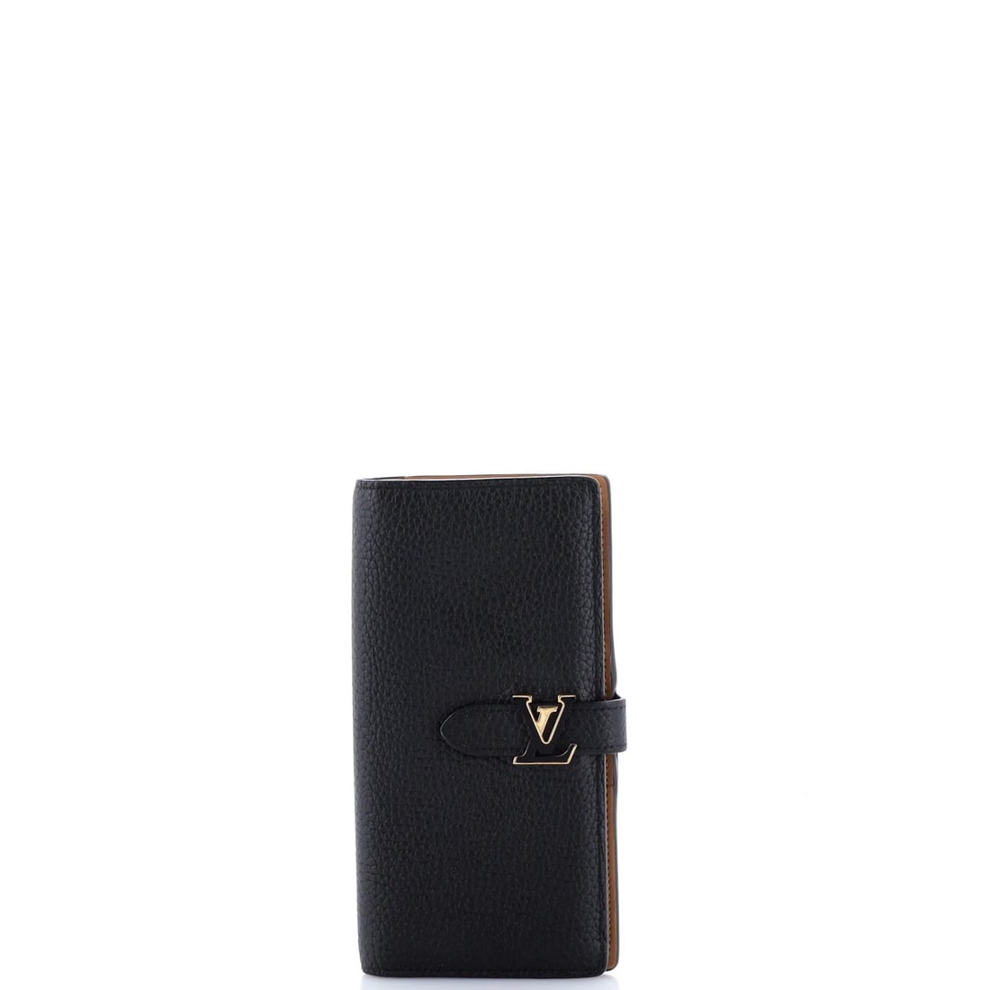 Louis Vuitton Capucines Vertical Wallet Leather: Louis Vuitton Capucines Vertical Wallet Leather The Louis Vuitton Capucines Vertical Wallet Leather is a classic, black leather wallet with a gold-tone hardware and brown interior. Measuring 7.5" in