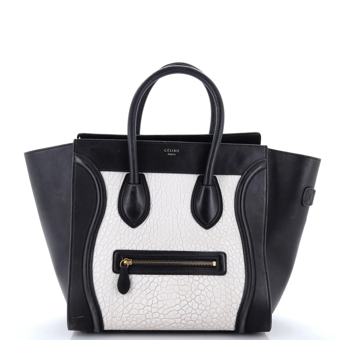 Bicolor Leather Bag Micro Luggage: Bicolor Leather Bag Micro Luggage Black Bicolor Leather Micro Luggage with Aged Gold Hardware, featuring a unique bicolor design and premium leather exterior, measures 10" high, 12" wide, and 5" deep,