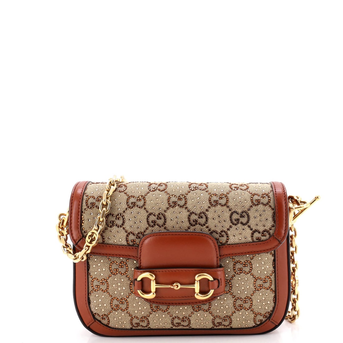 Horsebit 1955 Crystal Embellished GG Mini Bag Canvas: Horsebit 1955 Crystal Embellished GG Mini Bag Canvas The Horsebit 1955 Crystal Embellished GG Mini Bag Canvas features a striking combination of canvas, crystal, and leather in a classic brown hue. Wi
