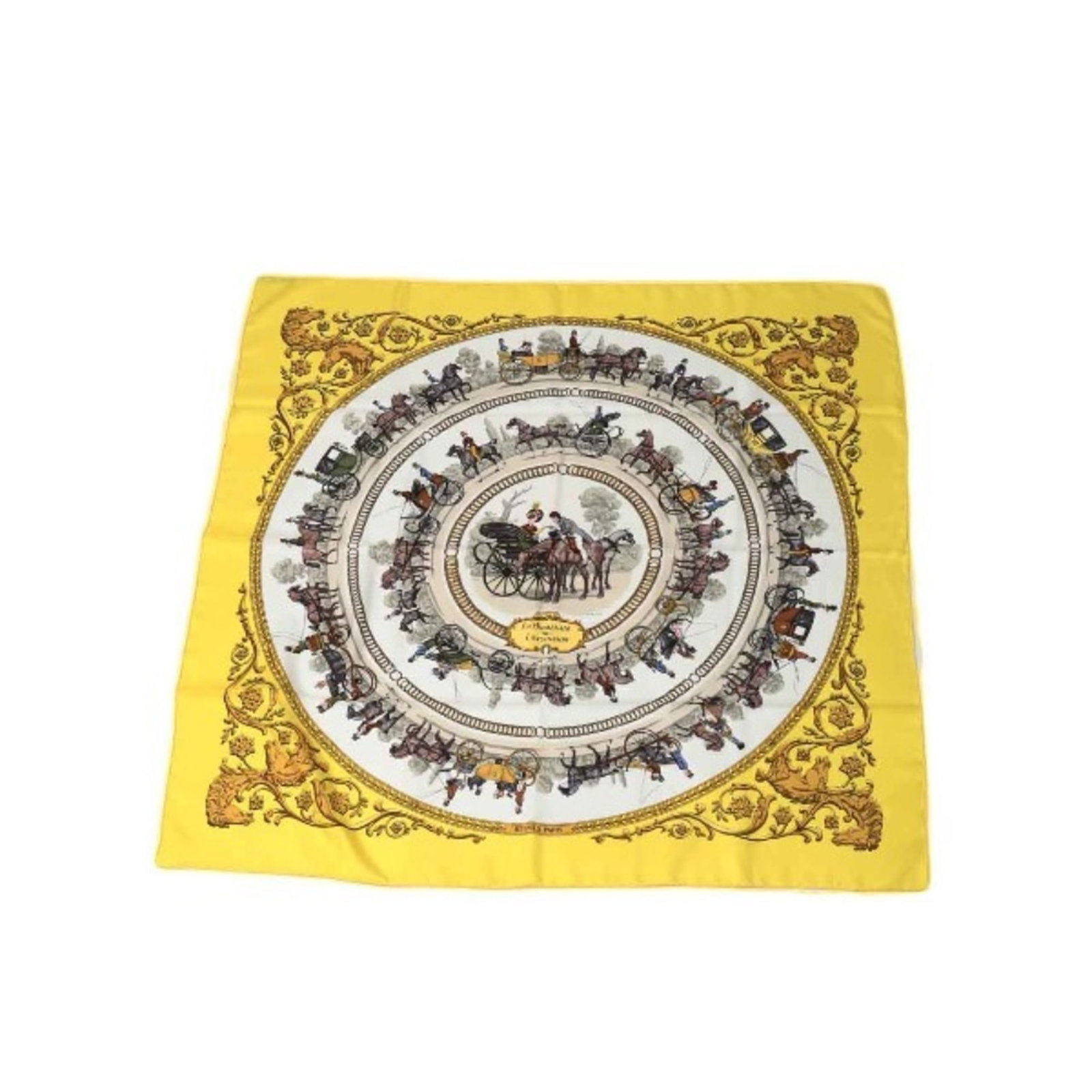 Silk Hermes Scarf: Silk Hermes Scarf Silk in a vibrant yellow hue, this 89cm x 89cm Hermes scarf is crafted from high-quality silk, making it a beautiful addition to any wardrobe. The classic design and timeless color e