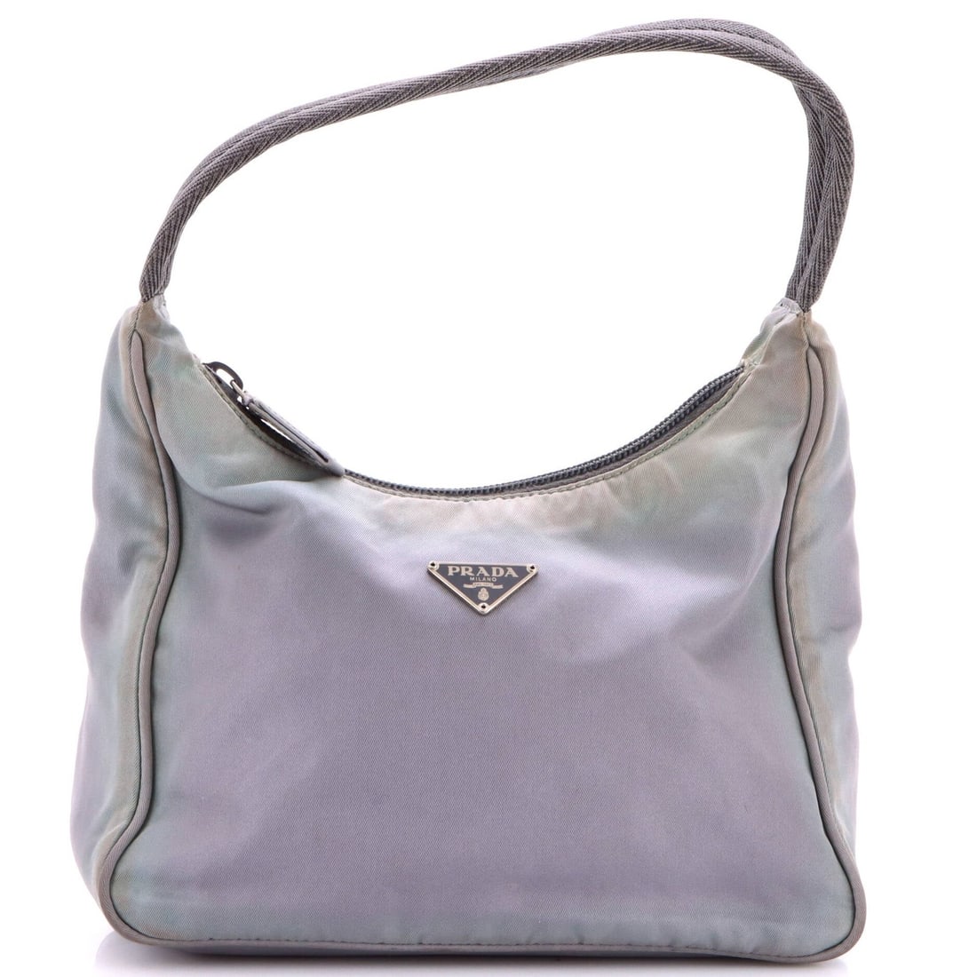 Hobo Prada Mini Tessuto: Hobo Prada Mini Tessuto Gray Prada Hobo Tessuto Mini in excellent condition, featuring a durable nylon exterior with heavy discoloration, scuffs, and edge wear. The interior boasts a moderate odor, sc