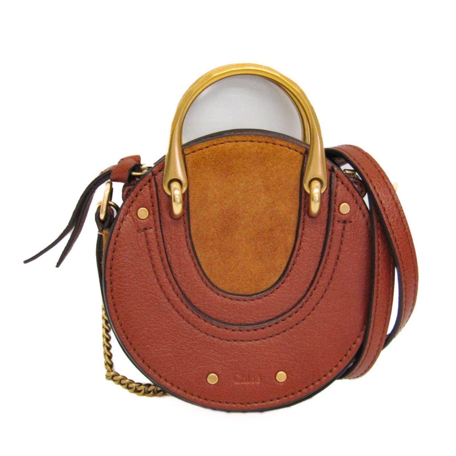 Shoulder Bag Leather Suede Chlo: Shoulder Bag Leather Suede Chlo Chlo's Pixie shoulder bag boasts a sleek design with a mix of leather and suede materials, presented in a rich brown color. The bag features a gold zipper closure, an o