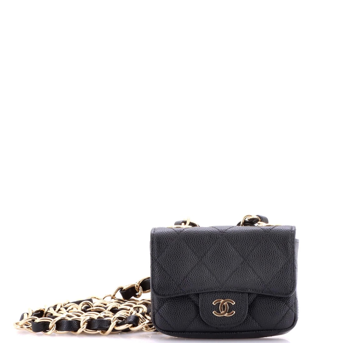 Charm Chain Quilted Caviar Classic Flap Bag Belt Mini Chanel: Charm Chain Quilted Caviar Classic Flap Bag Belt Mini Chanel Classic Flap Belt Bag with Quilted Caviar Design, featuring a mini size and chain charm details, is a stylish accessory for any occasion. M