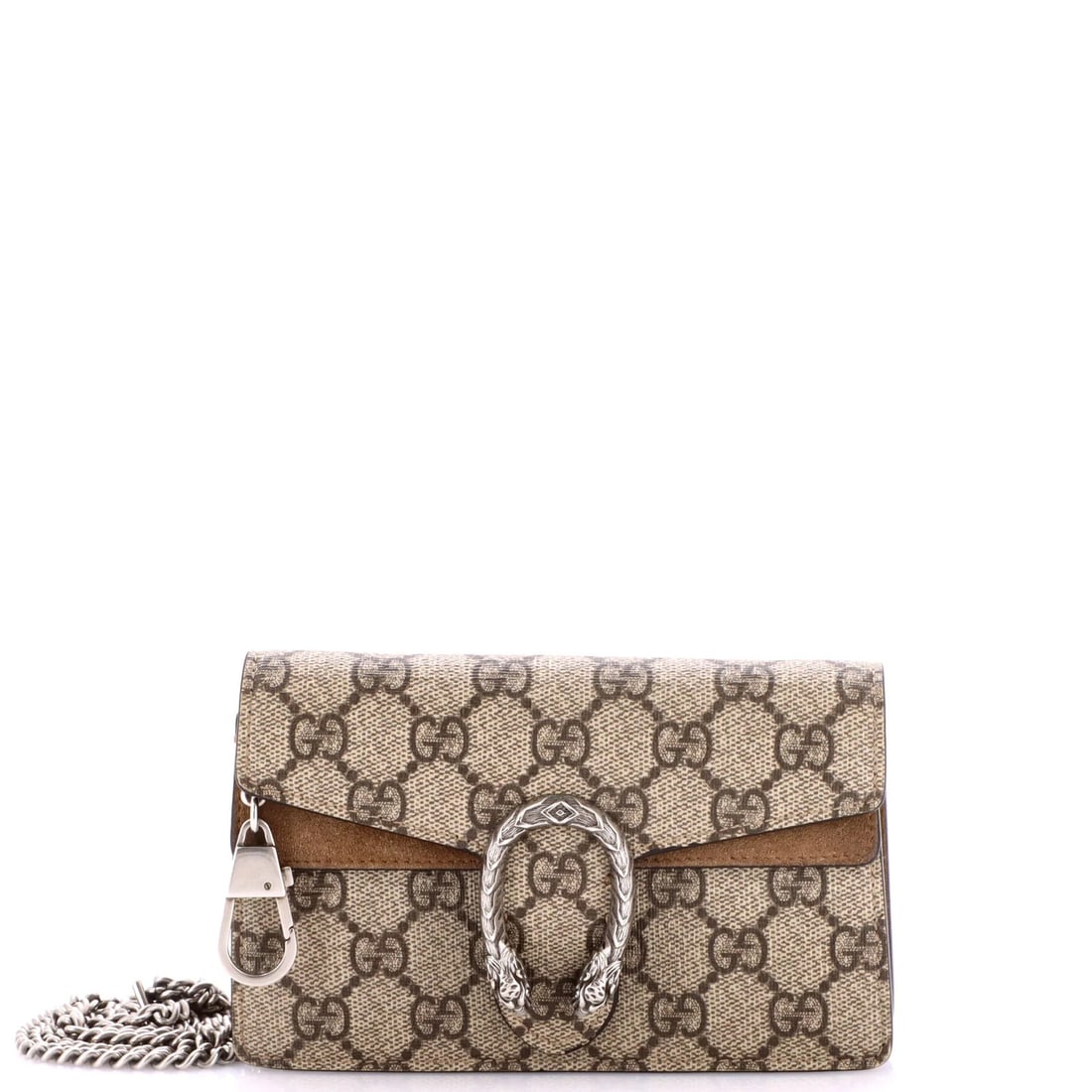 Coated Canvas GG Dionysus Super Mini Gucci Bag: Coated Canvas GG Dionysus Super Mini Gucci Bag The Gucci Dionysus Super Mini is a compact, cross-body bag with a canvas coated exterior in brown, finished with a silver key ring and adjustable strap. 
