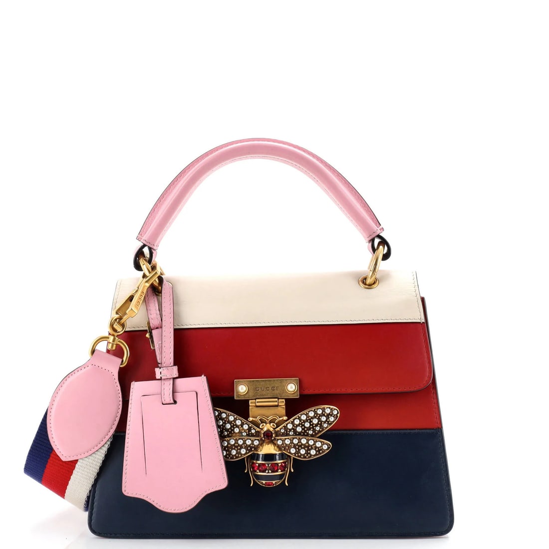 Small Leather Colorblock Bag Queen Gucci Margaret Top: Small Leather Colorblock Bag Queen Gucci Margaret Top Small Leather Colorblock Bag with Top Handle, featuring a unique multicolor colorblock design and aged gold hardware, and comes with a luggage tag