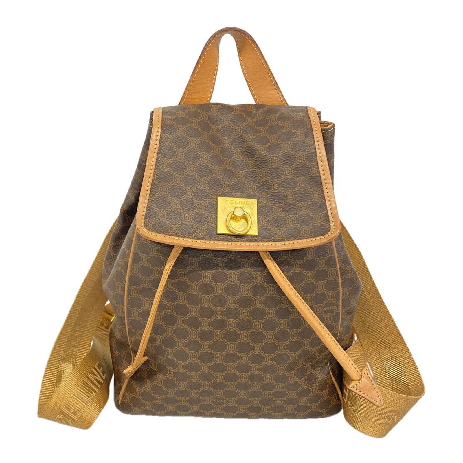 Celine Pvc Backpack: Celine Pvc Backpack Brown Celine PVC Backpack with Gold Hardware, measuring 27.5cm x 20cm x 11.5cm. This stylish backpack features a durable PVC material and gold-toned hardware, adding a touch of