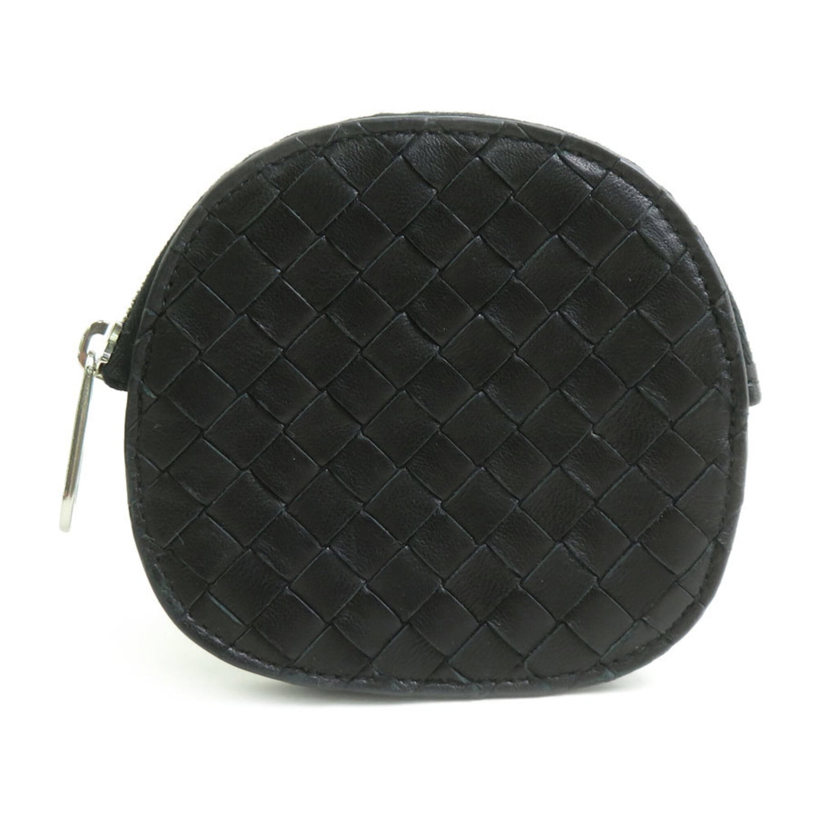 Bottega Veneta Coin Purse/ Coin Case Intrecciato: Bottega Veneta Coin Purse/ Coin Case Intrecciato Intrecciato woven design adds a touch of Italian elegance to this sleek black coin purse, measuring 9.3cm x 10cm x 1cm. Made from the iconic Bottega