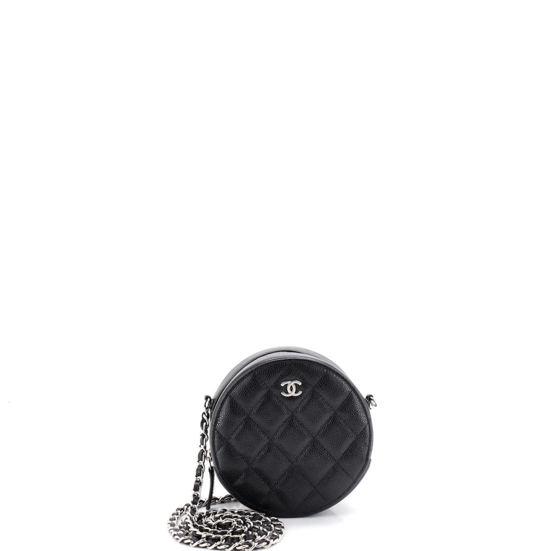 Round Clutch Chanel Mini Caviar Quilted Chain: Round Clutch Chanel Mini Caviar Quilted Chain Round Clutch with Chain Quilted Caviar Mini from Chanel features a classic cross body design with a quilted caviar pattern, adding a touch of sophisticati