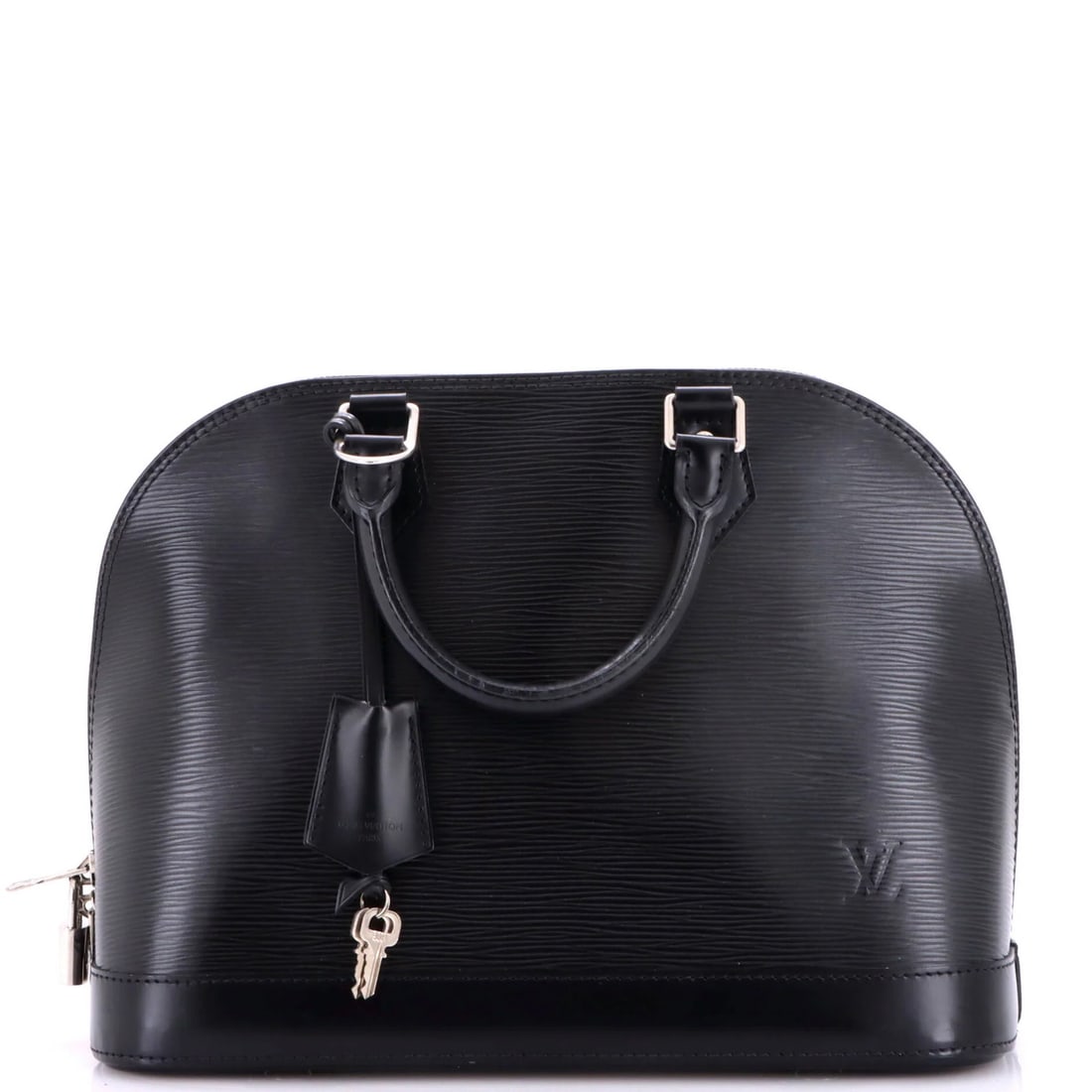 Vuitton Louis Alma Leather Epi Handbag: Vuitton Louis Alma Leather Epi Handbag Black Louis Vuitton Alma Leather Epi Handbag with 18-23" Strap Drop, featuring scuffs, edge wear, discoloration, and minor stains on the exterior, and